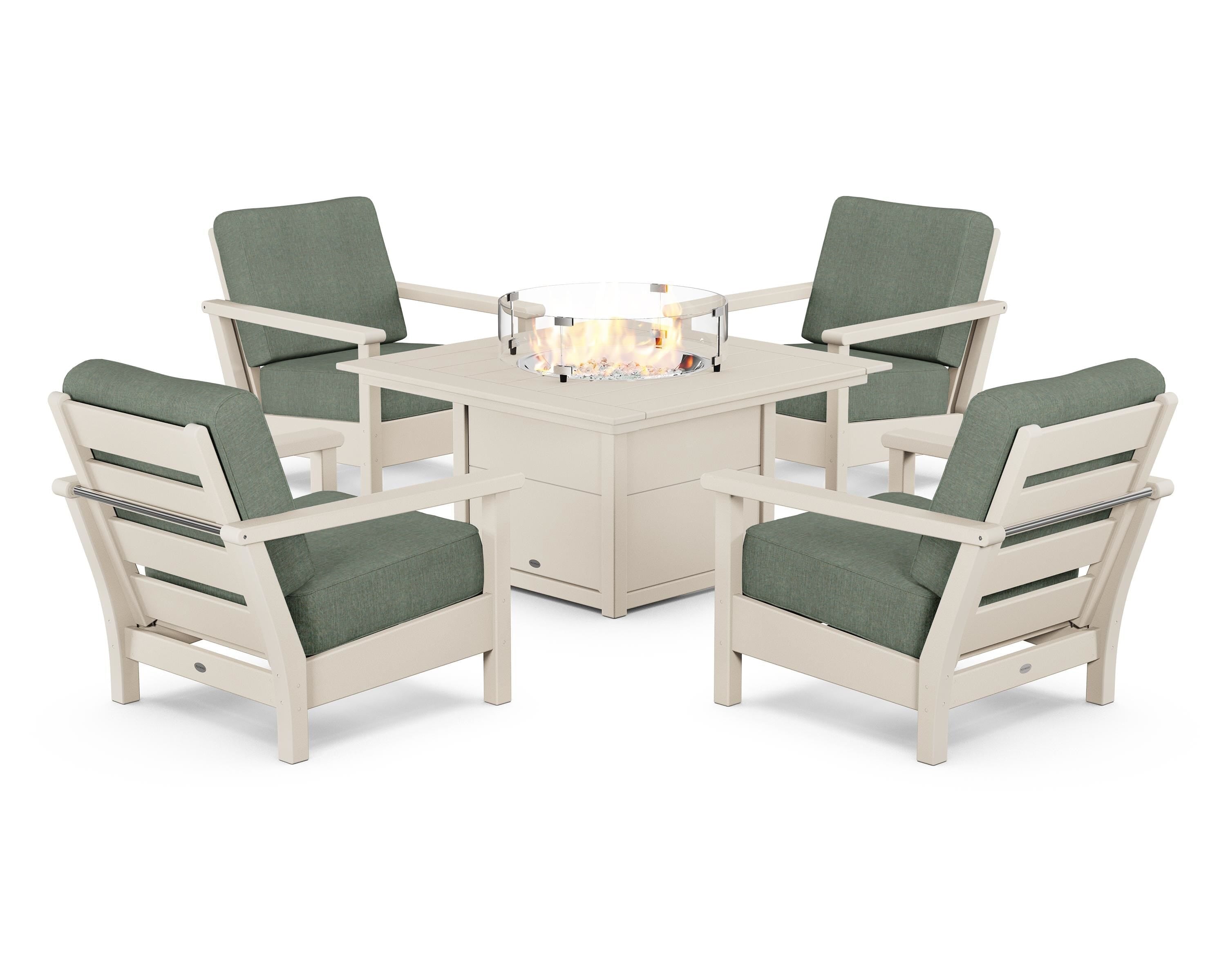 POLYWOOD® Harbour 5-Piece Conversation Set with Fire Pit Table in Sand / Cast Sage