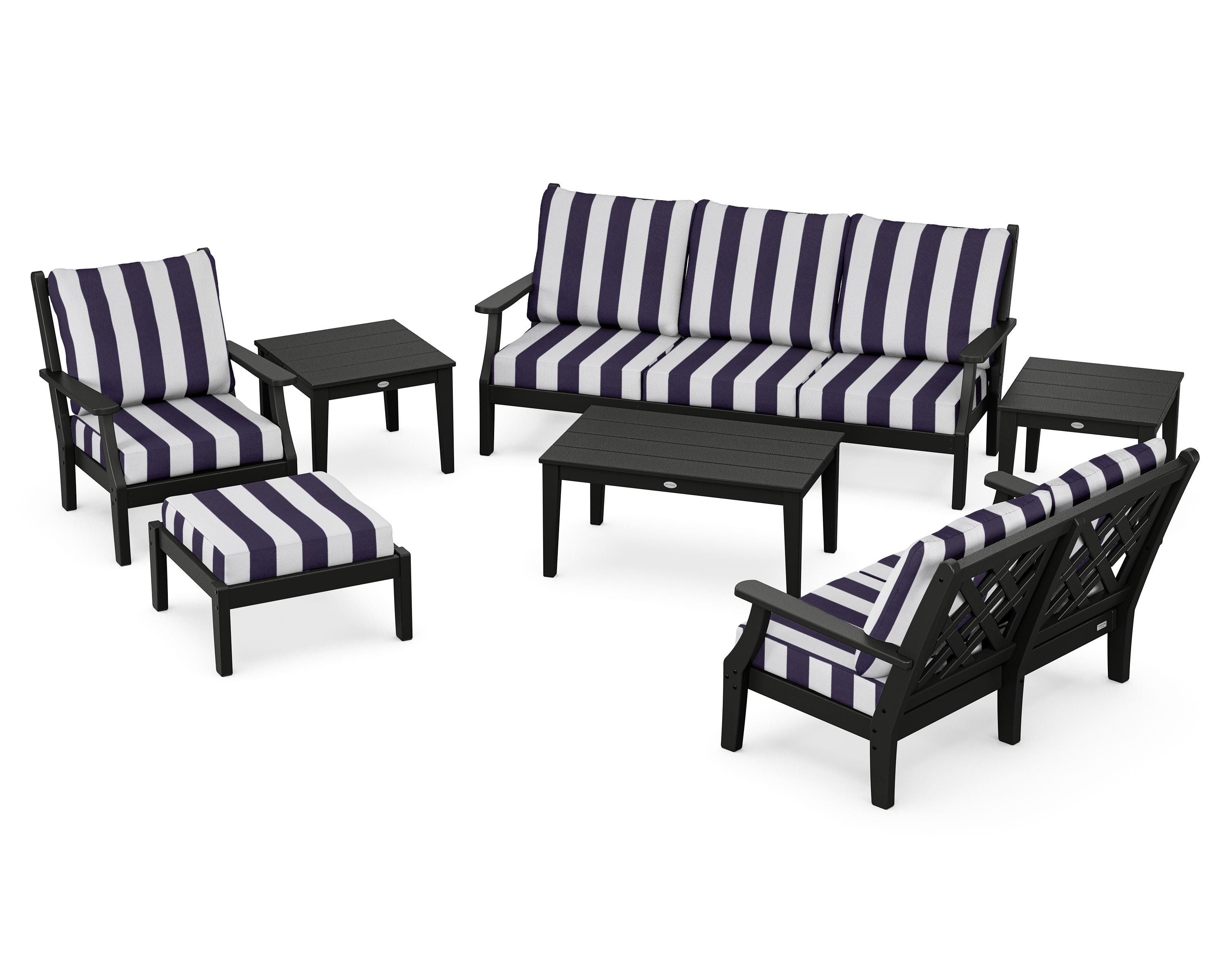 Country Living Wovendale 7-Piece Deep Seating Set in Black / Cabana Stripe Navy