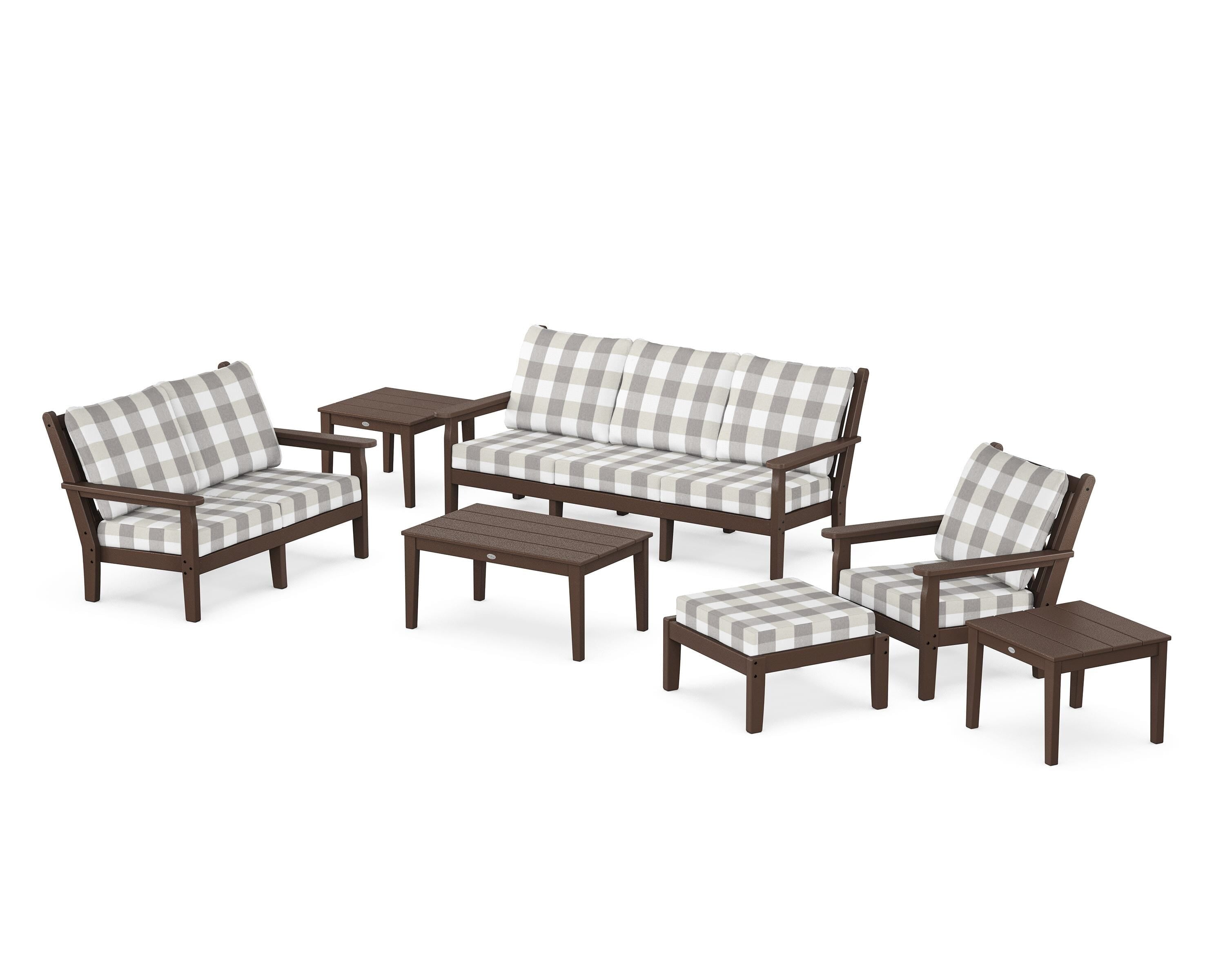 POLYWOOD® Chippendale 7-Piece Deep Seating Set in Mahogany / Buffalo Plaid Grey Mist