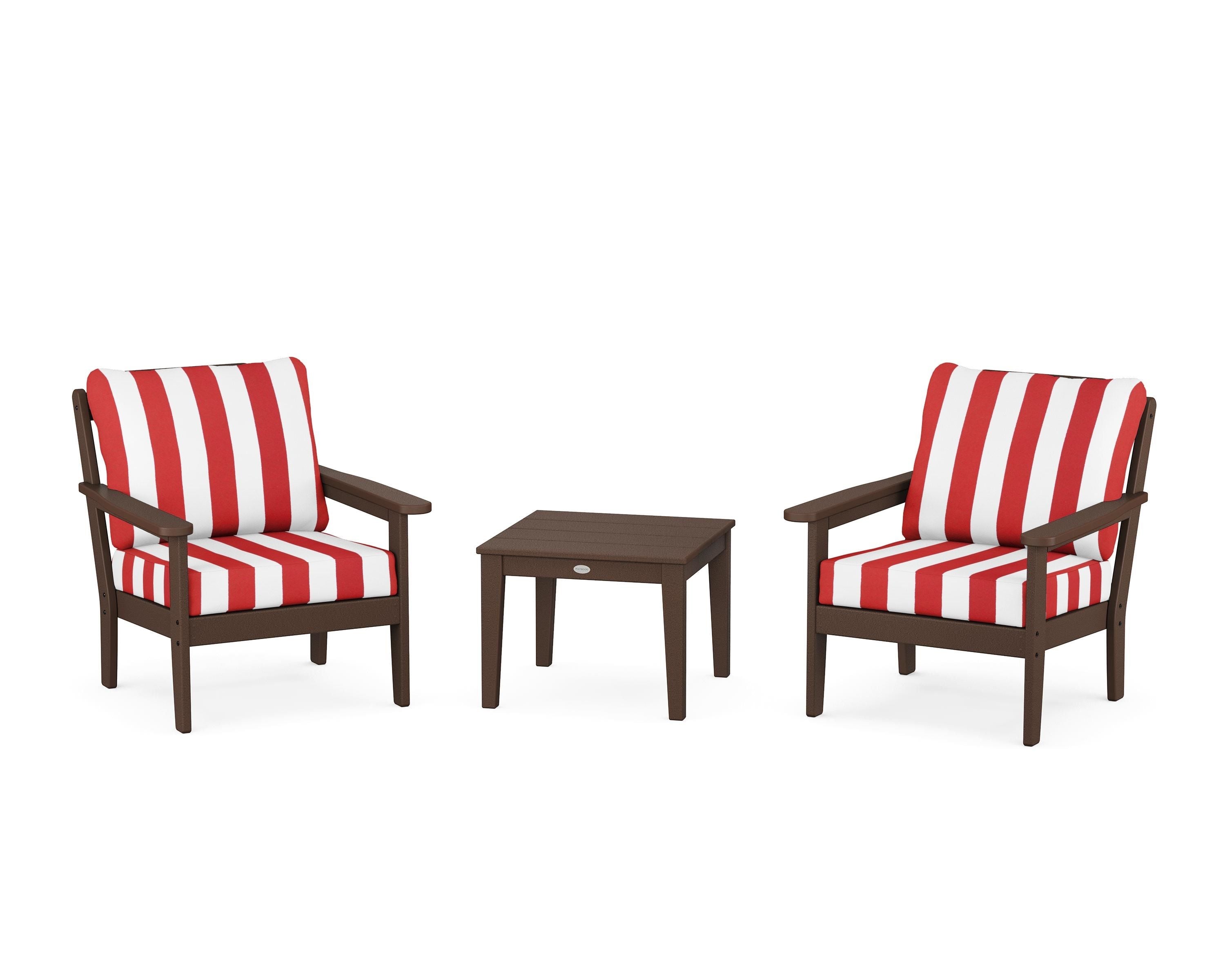 Country Living Cottage 3-Piece Deep Seating Set in Mahogany / Cabana Stripe Crimson