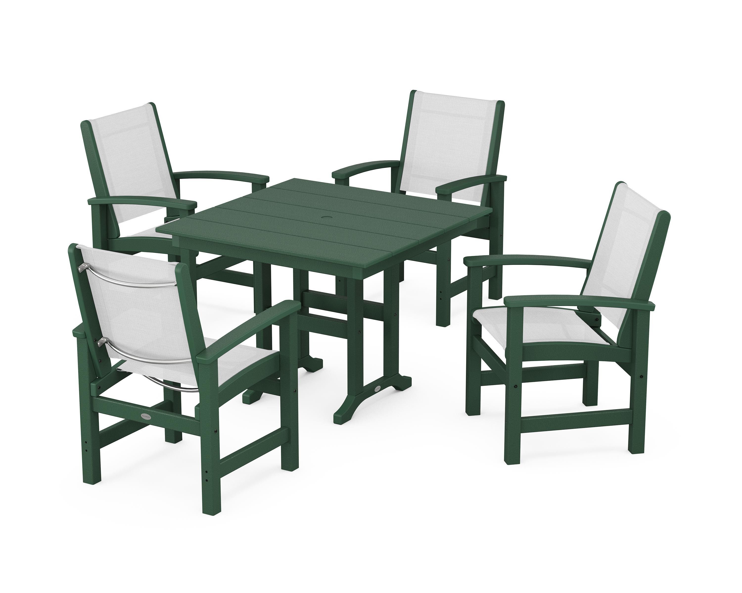 POLYWOOD® Coastal 5-Piece Farmhouse Dining Set in Green / White Sling
