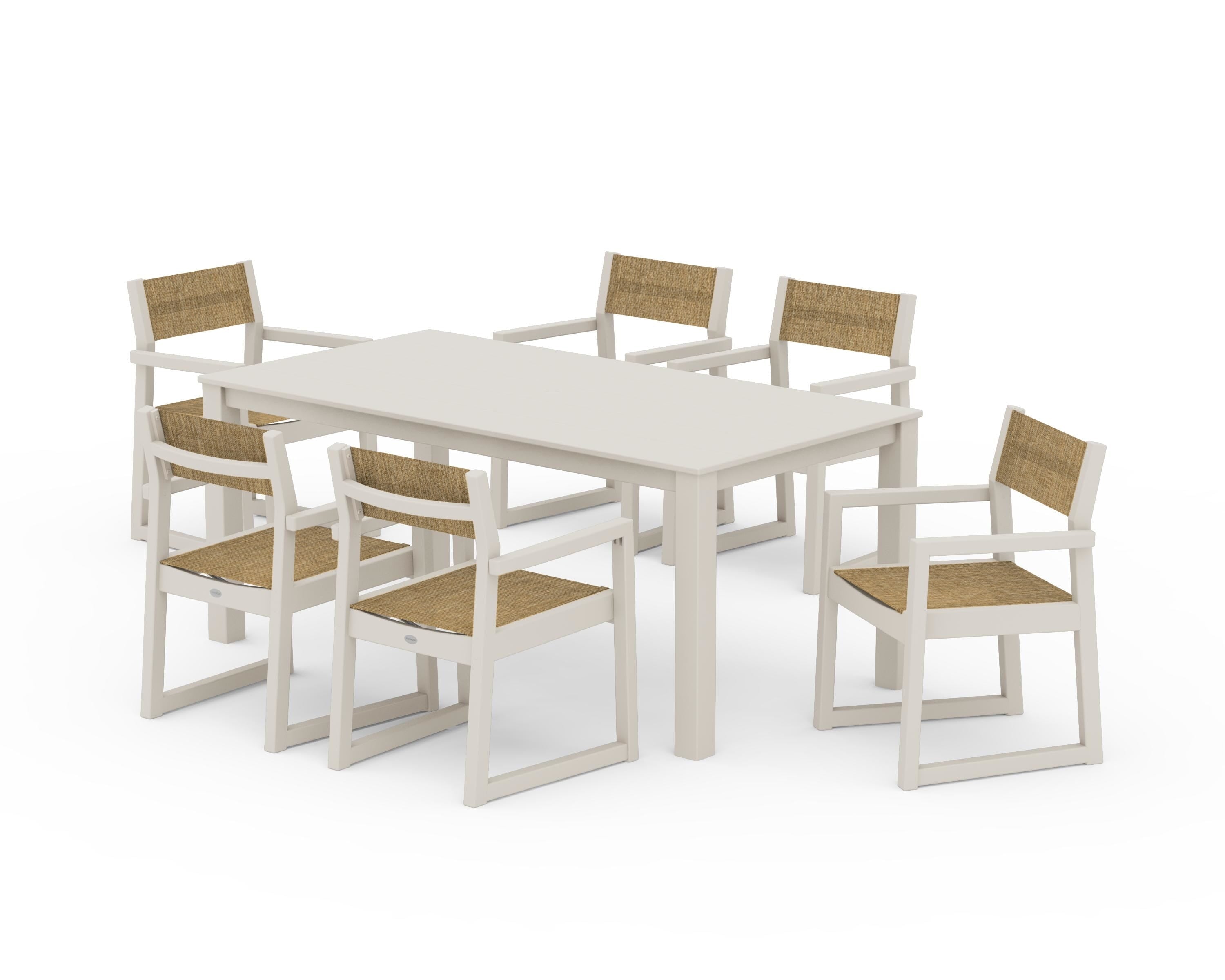 POLYWOOD® EDGE Sling Arm Chair 7-Piece Parsons Dining Set in Sand / Burlap Sling