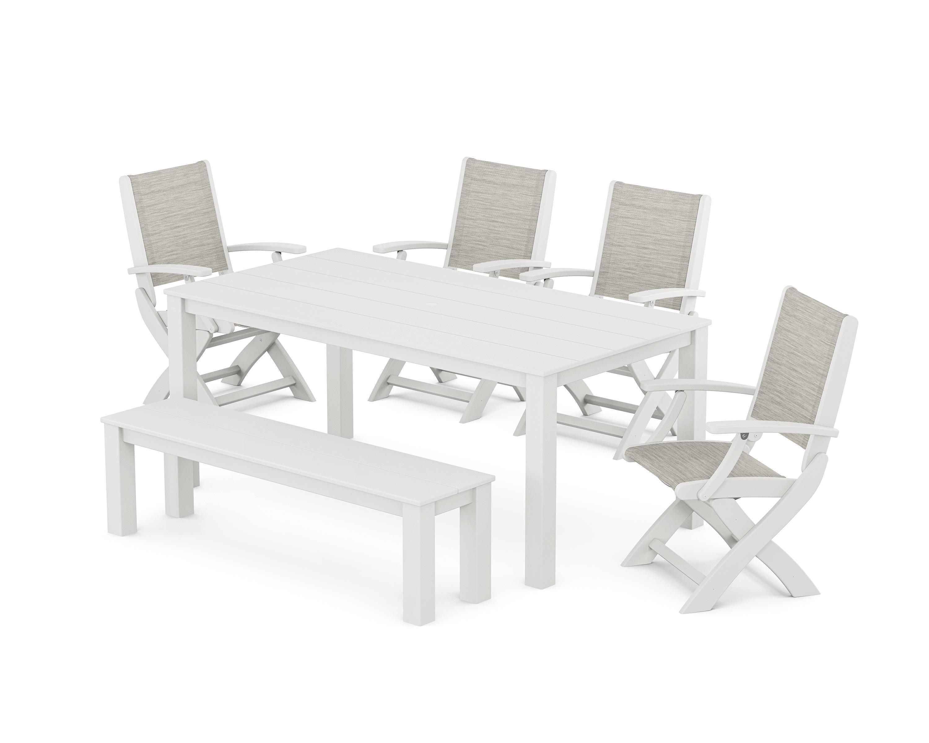 POLYWOOD® Coastal Folding Chair 6-Piece Parsons Dining Set with Bench in White / Birch Sling