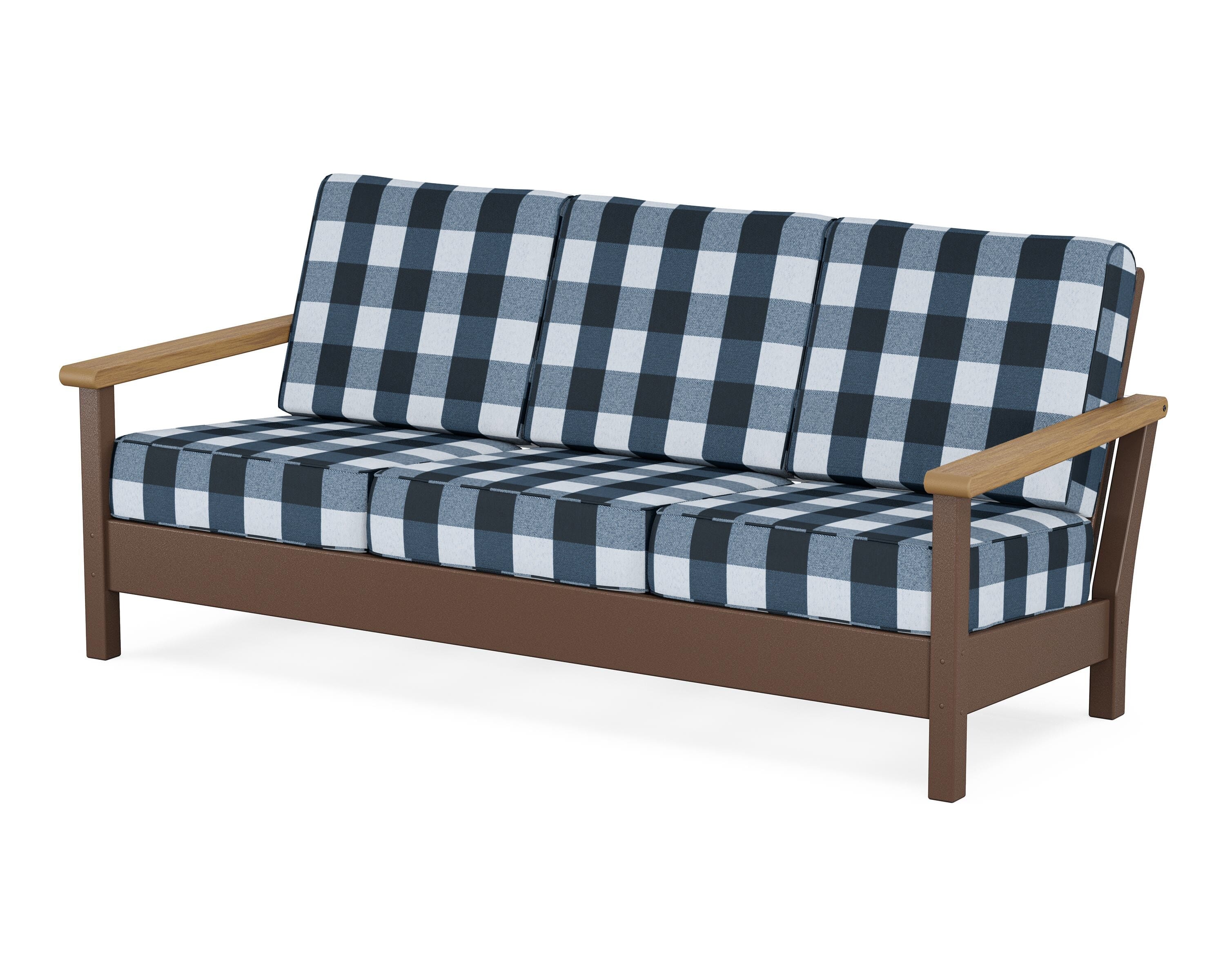 POLYWOOD® Harbour Deep Seating Sofa in Mahogany / Natural / Buffalo Plaid Marine Indigo