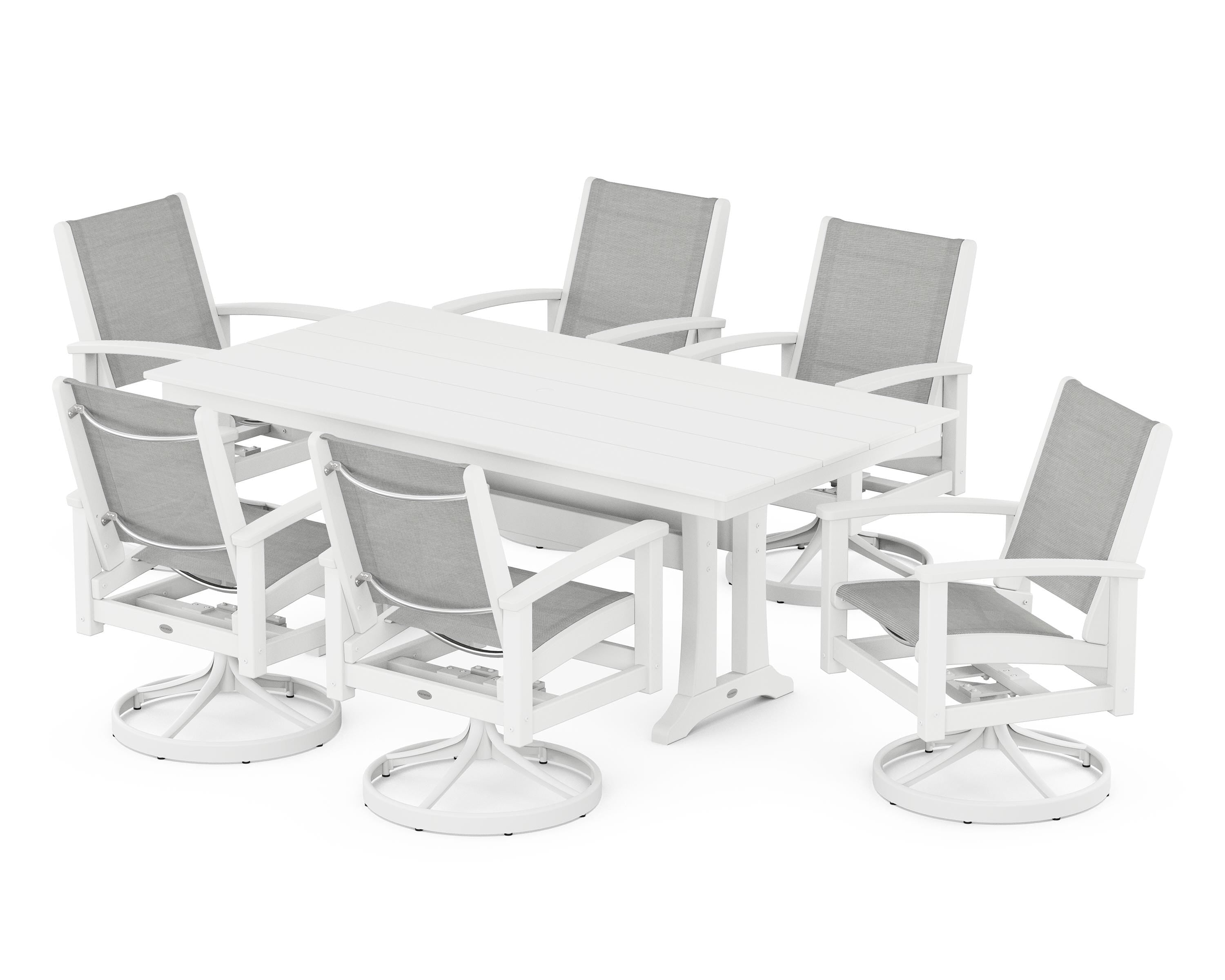 POLYWOOD® 7 Piece Coastal Swivel Rocker Dining Set in Satin White / White / Metallic Sling
