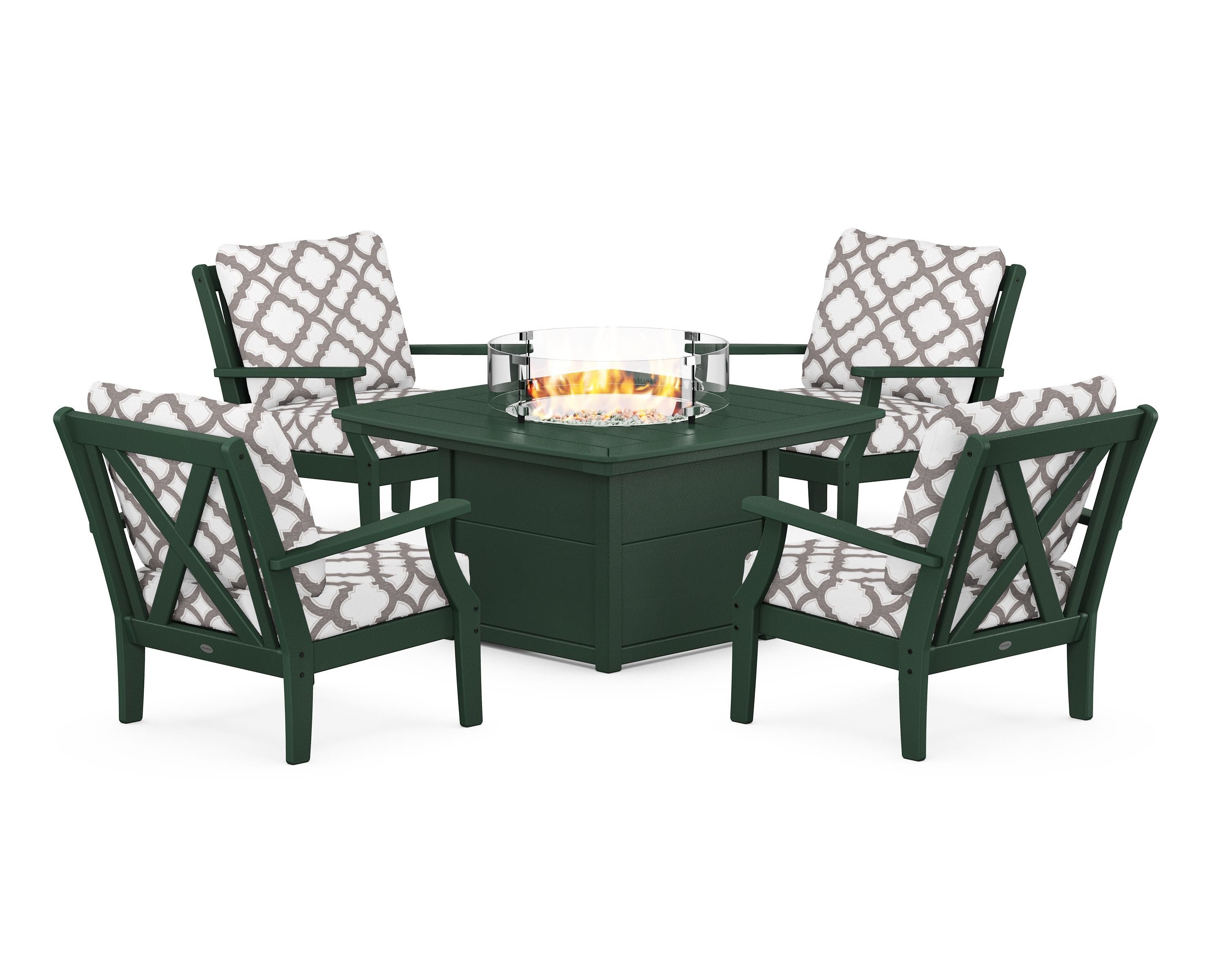 POLYWOOD® Braxton 5-Piece Deep Seating Conversation Set with Fire Pit Table in Green / Trellis Grey Mist