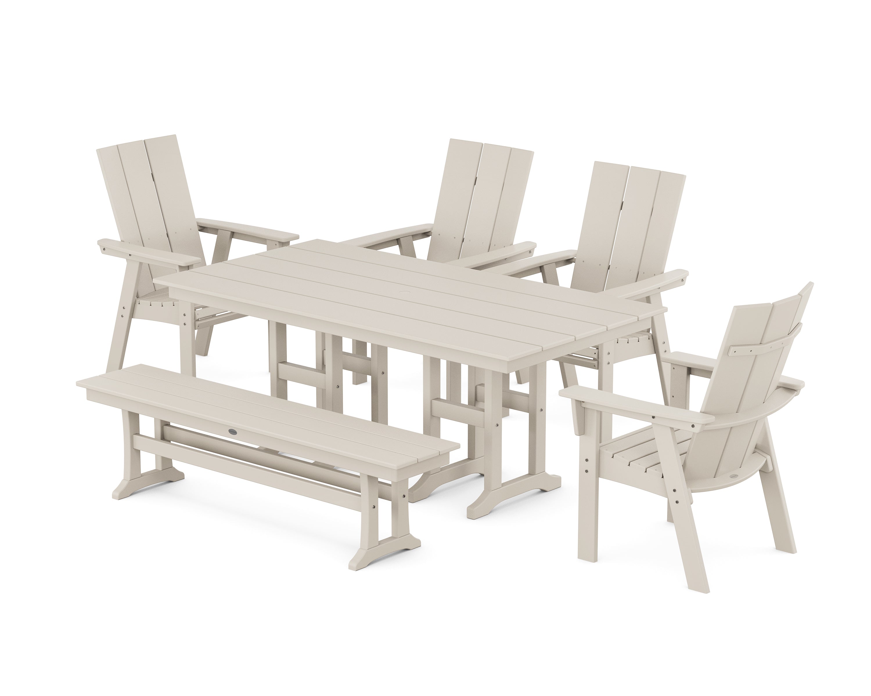POLYWOOD® Modern Curveback Adirondack 6-Piece Farmhouse Dining Set with Bench in Sand