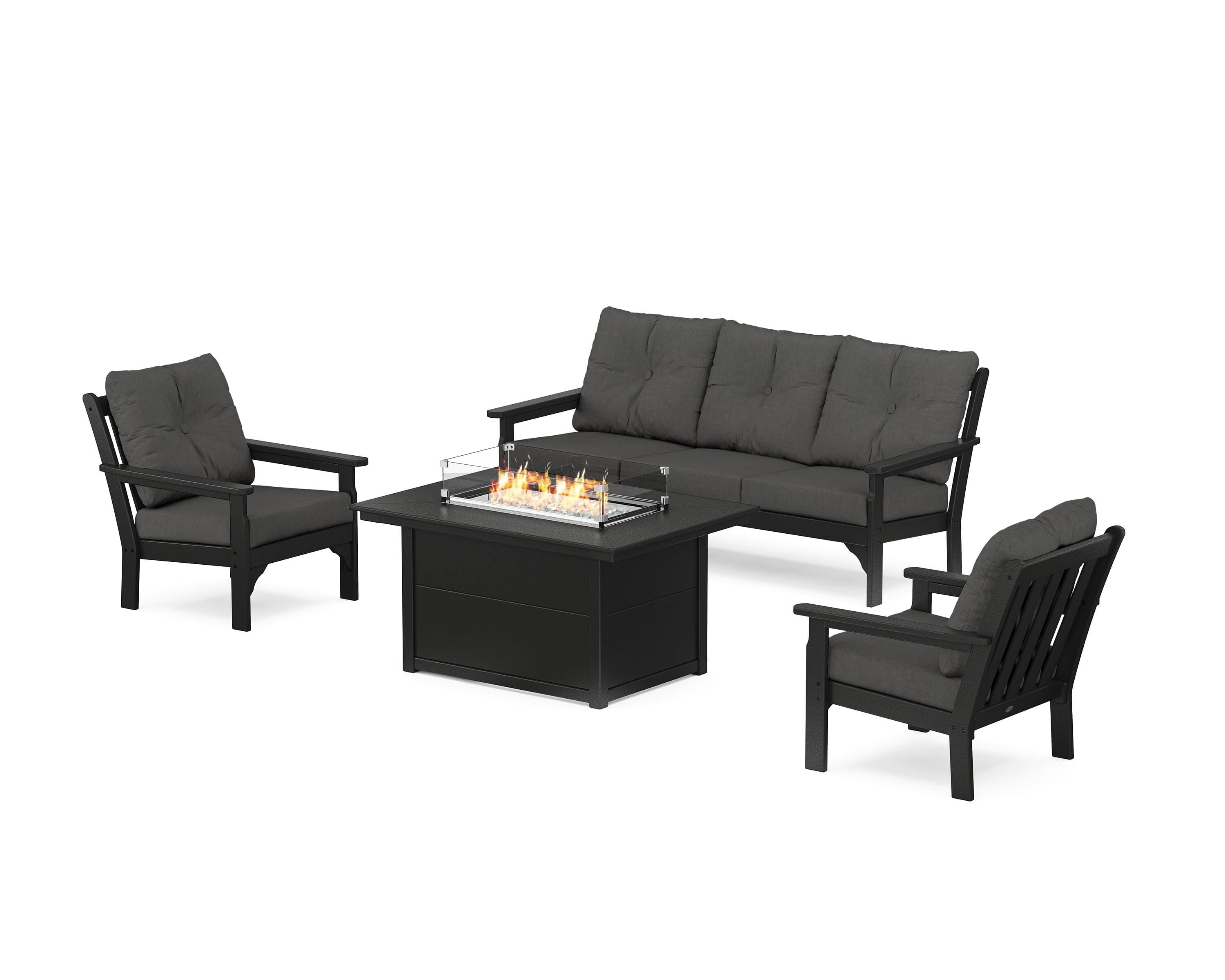 POLYWOOD® Vineyard Deep Seating Fire Pit Table Set in Black / Spectrum Carbon