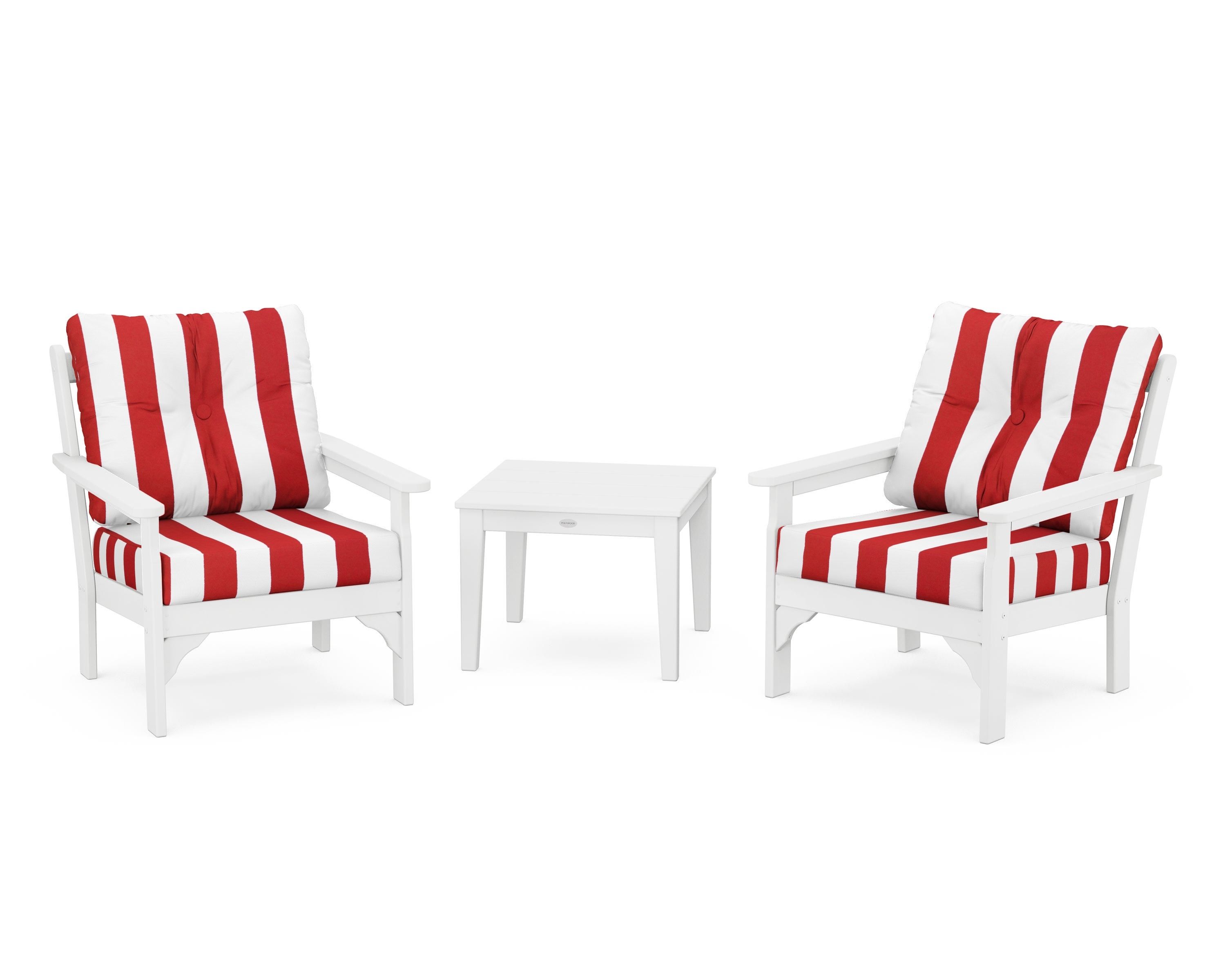POLYWOOD® Vineyard 3-Piece Deep Seating Set in White / Cabana Stripe Crimson