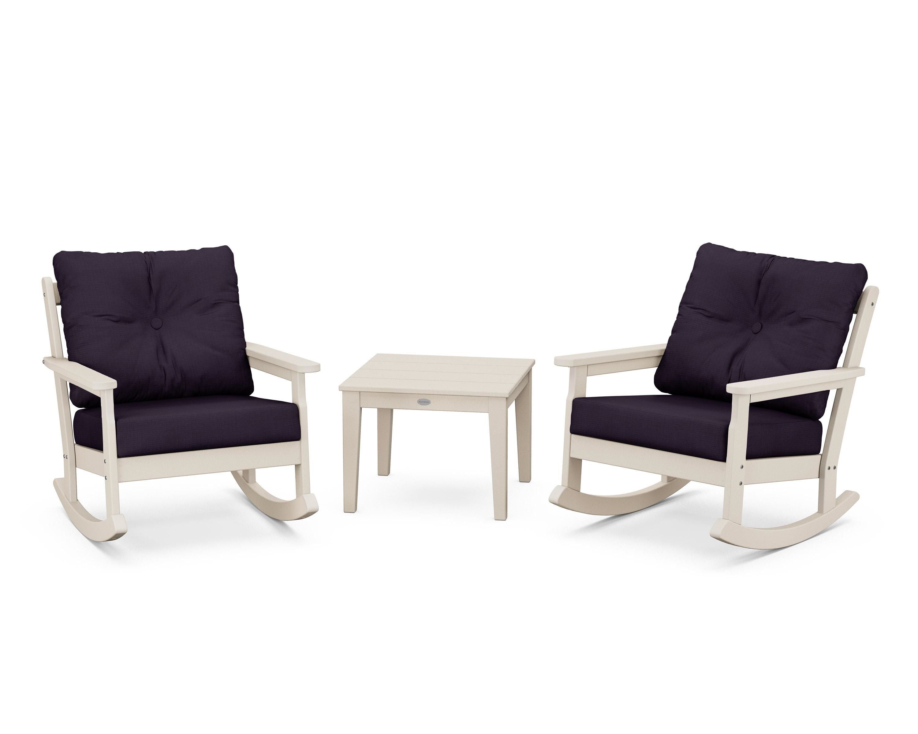 POLYWOOD® Vineyard 3-Piece Deep Seating Rocker Set in Sand / Navy Linen