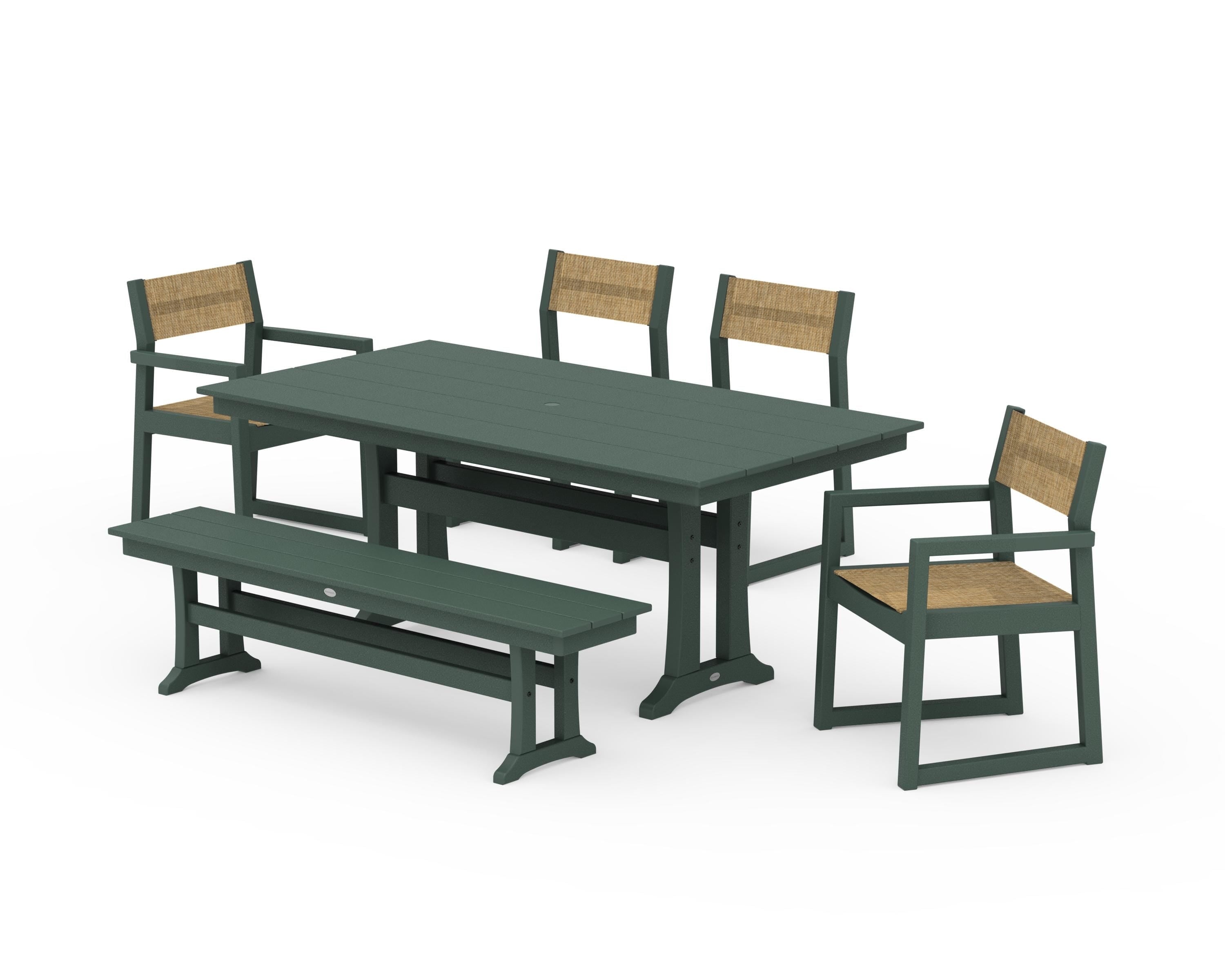 POLYWOOD® EDGE Sling 6-Piece Farmhouse Dining Set With Trestle Legs in Green / Burlap Sling
