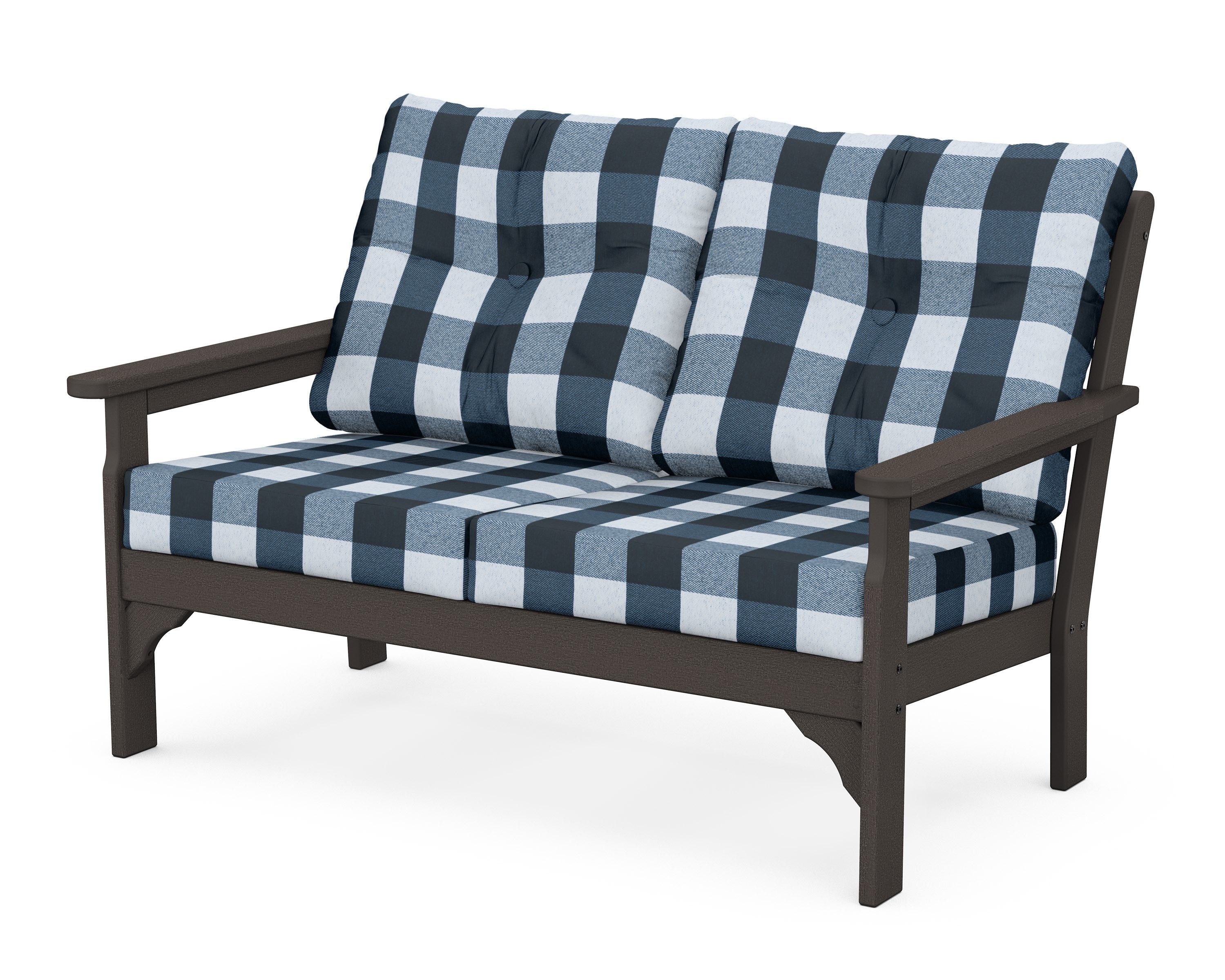 POLYWOOD® Vineyard Deep Seating Loveseat in Vintage Coffee / Buffalo Plaid Marine Indigo