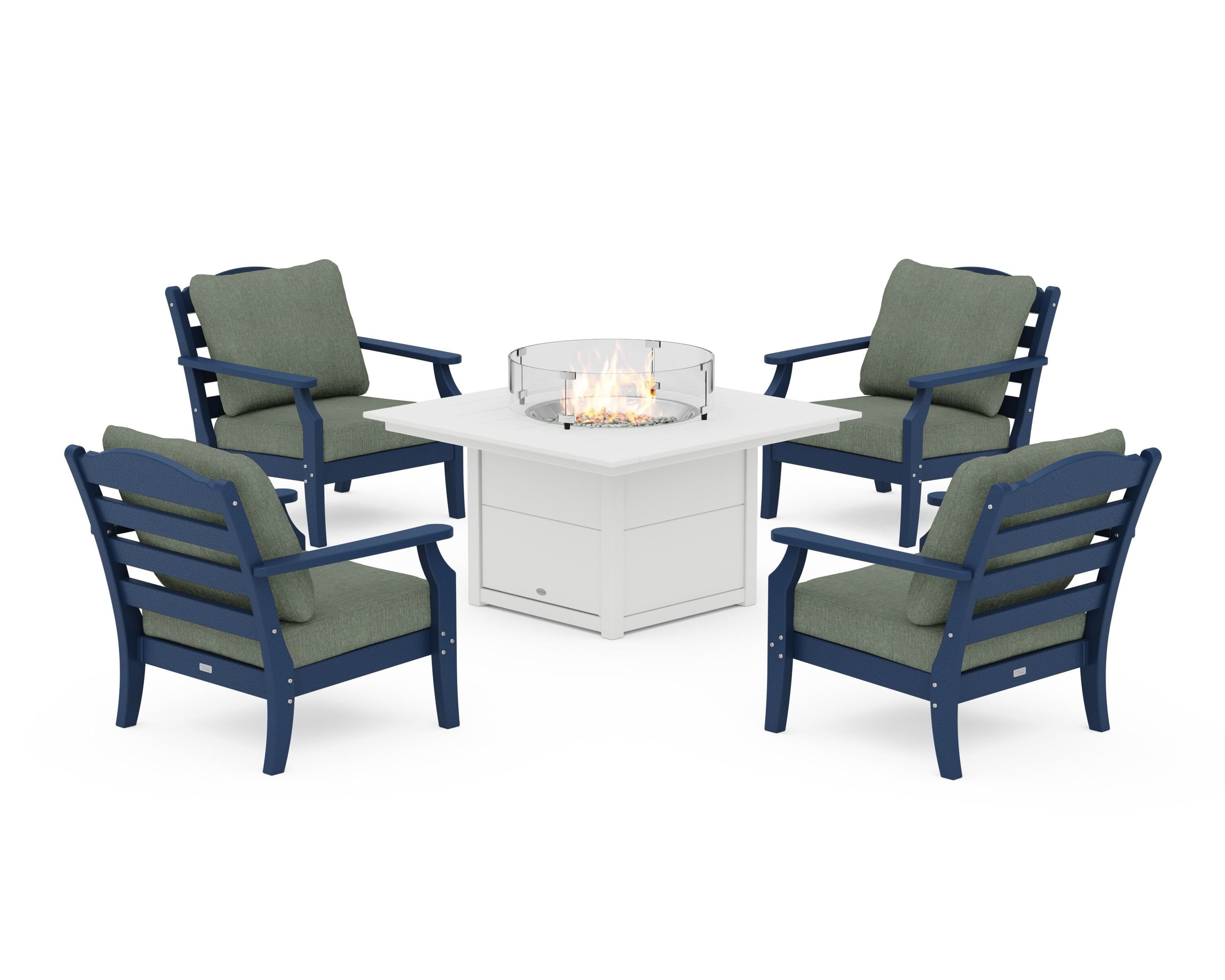 Draper James™ by POLYWOOD® Savannah 5-Piece Deep Seating Set with Fire Pit Table in Navy / Cast Sage