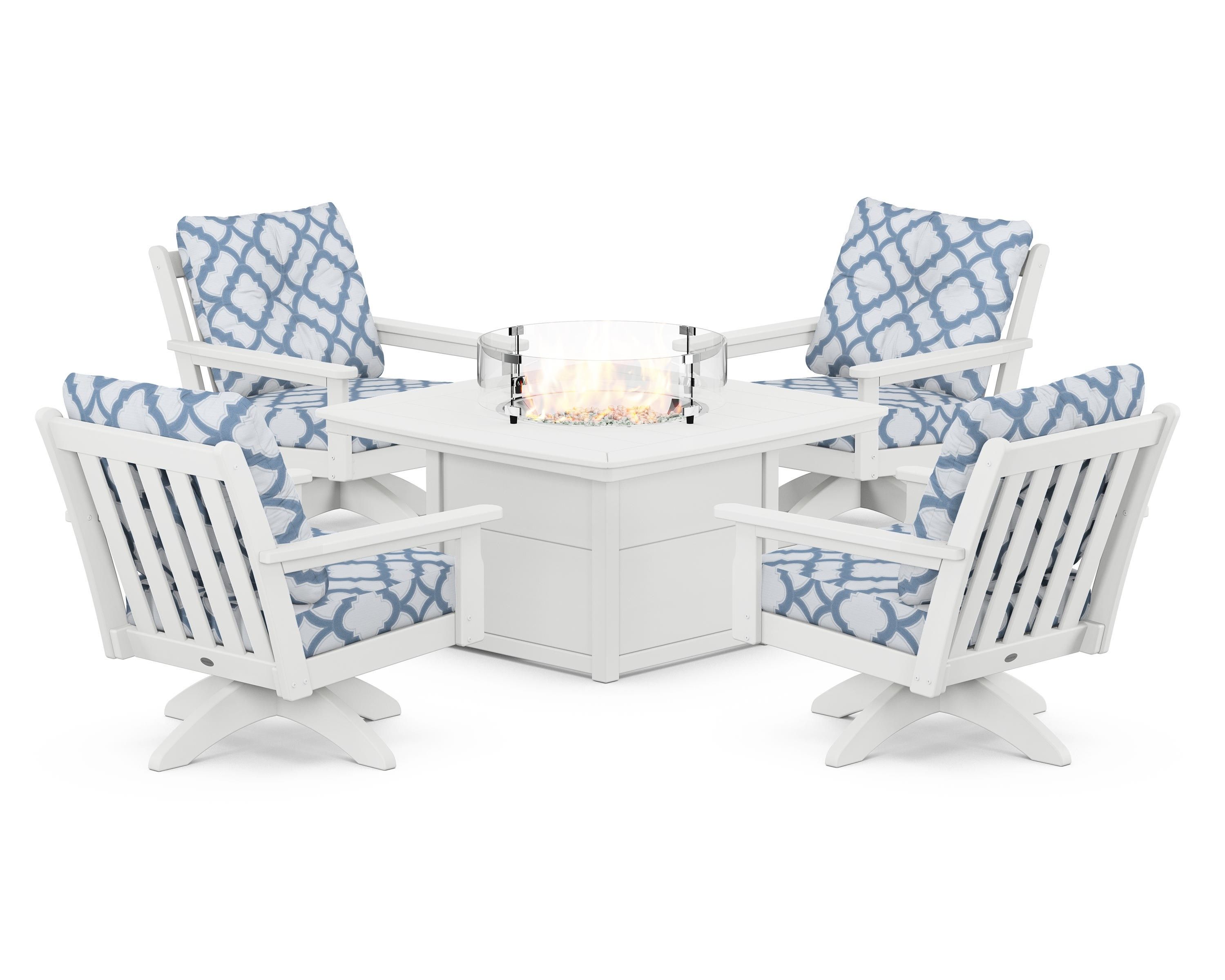 POLYWOOD® Vineyard 5-Piece Deep Seating Swivel Conversation Set with Fire Pit Table in White / Trellis Sky Blue