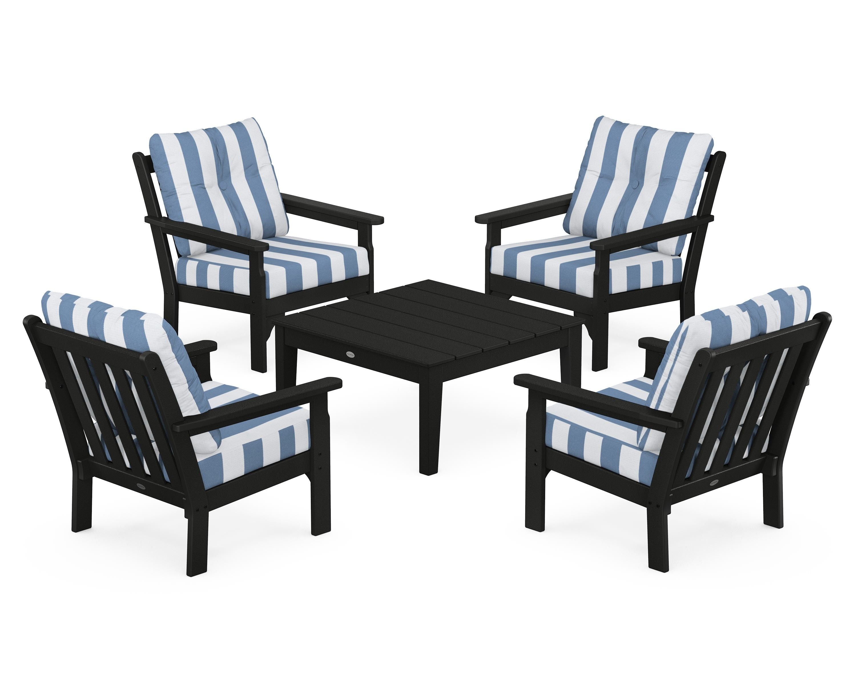 POLYWOOD® Vineyard 5-Piece Deep Seating Conversation Set in Black / Cabana Stripe Sky Blue
