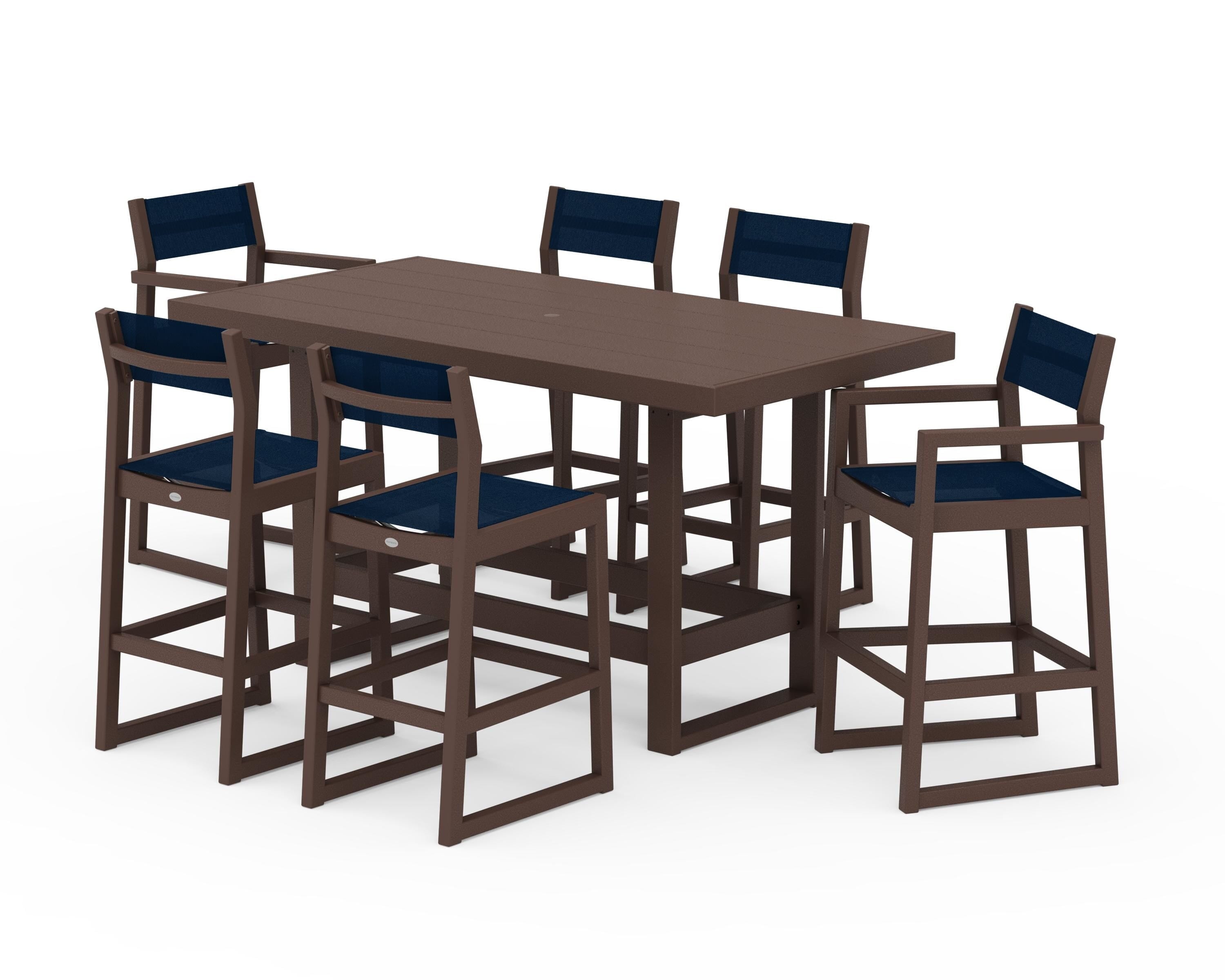 POLYWOOD® EDGE Sling 7-Piece Bar Table Set in Mahogany / Navy Blue Sling