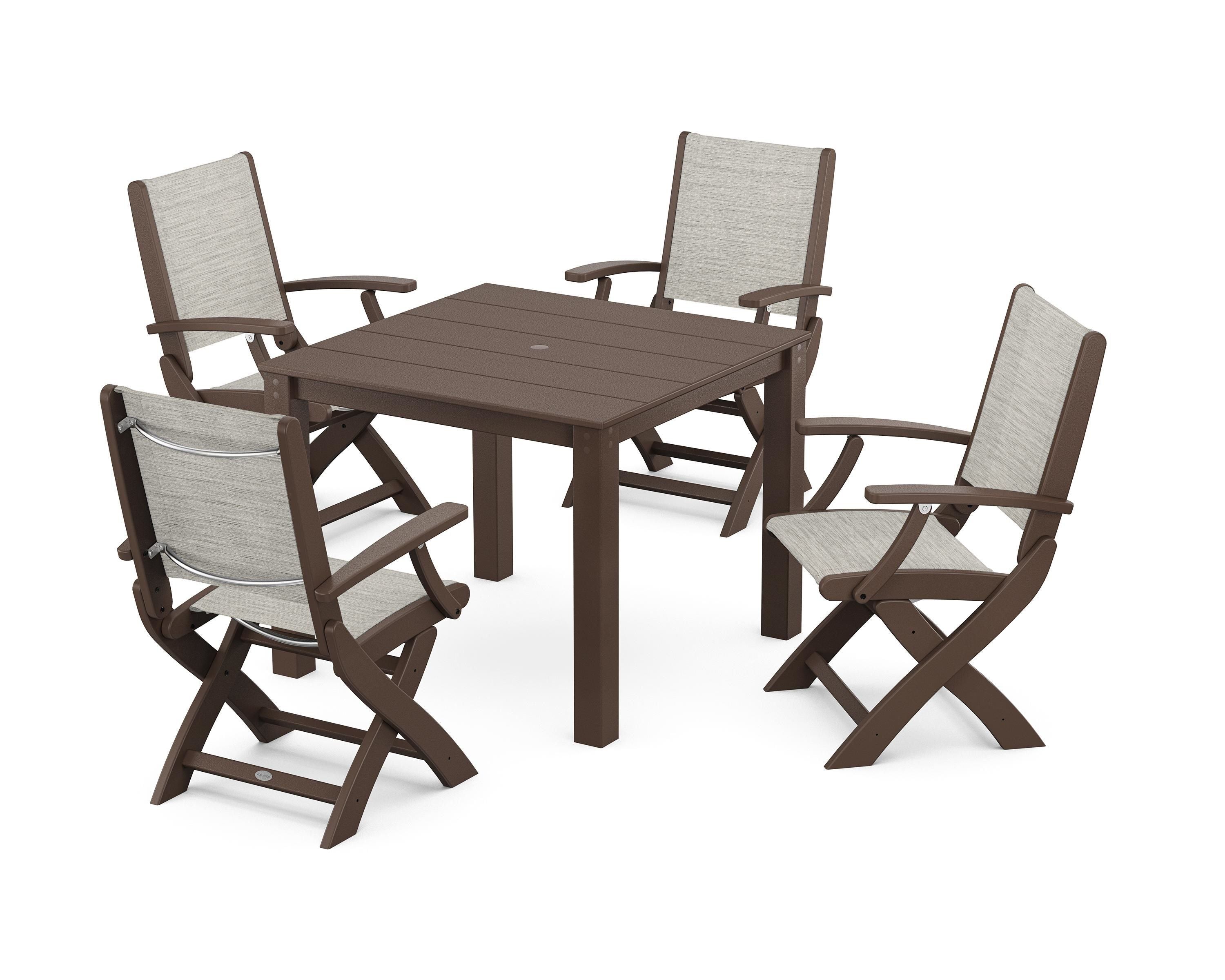 POLYWOOD® Coastal Folding Chair 5-Piece Parsons Dining Set in Mahogany / Birch Sling