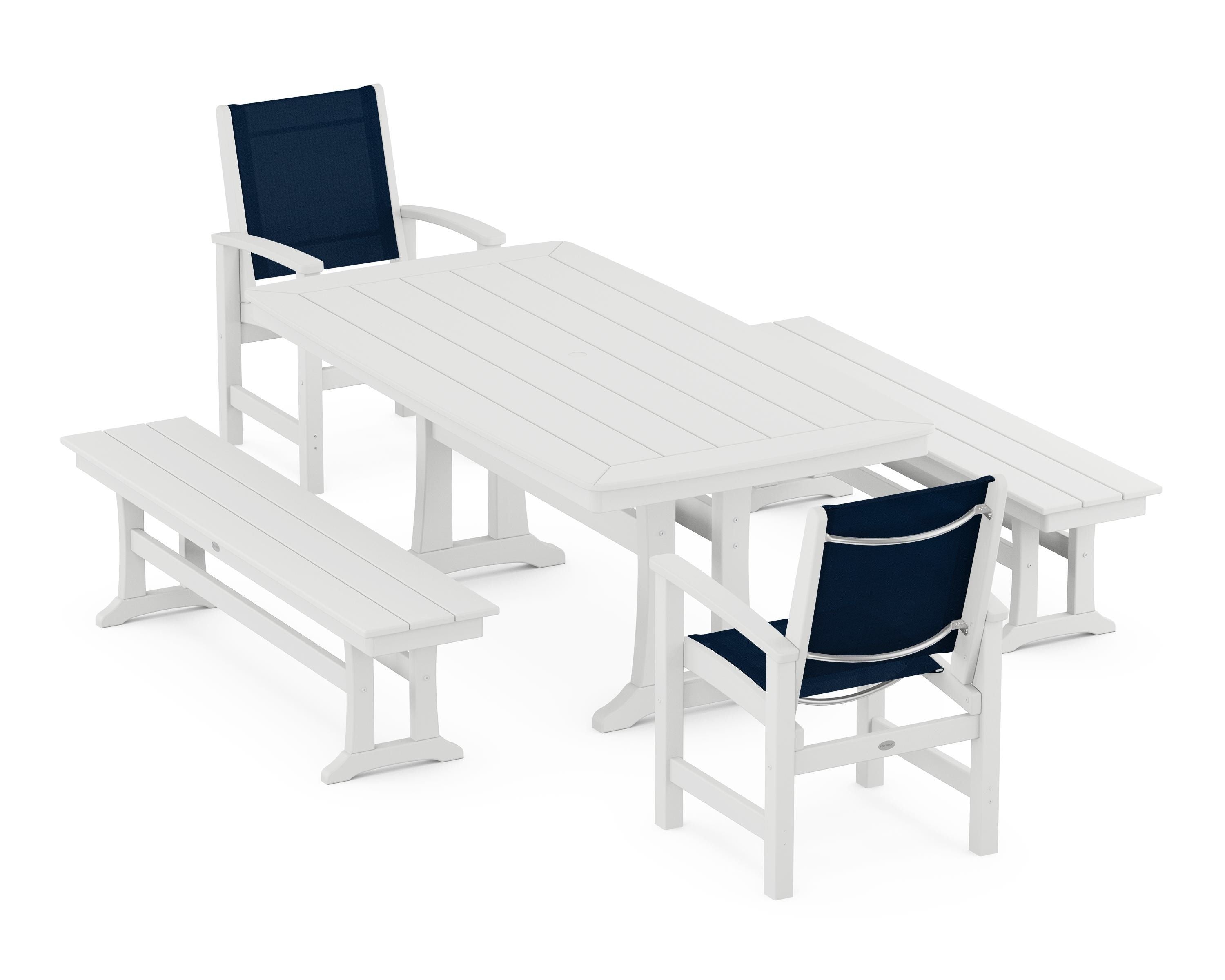 POLYWOOD® Coastal 5-Piece Dining Set with Trestle Legs and Benches in White / Navy Blue Sling