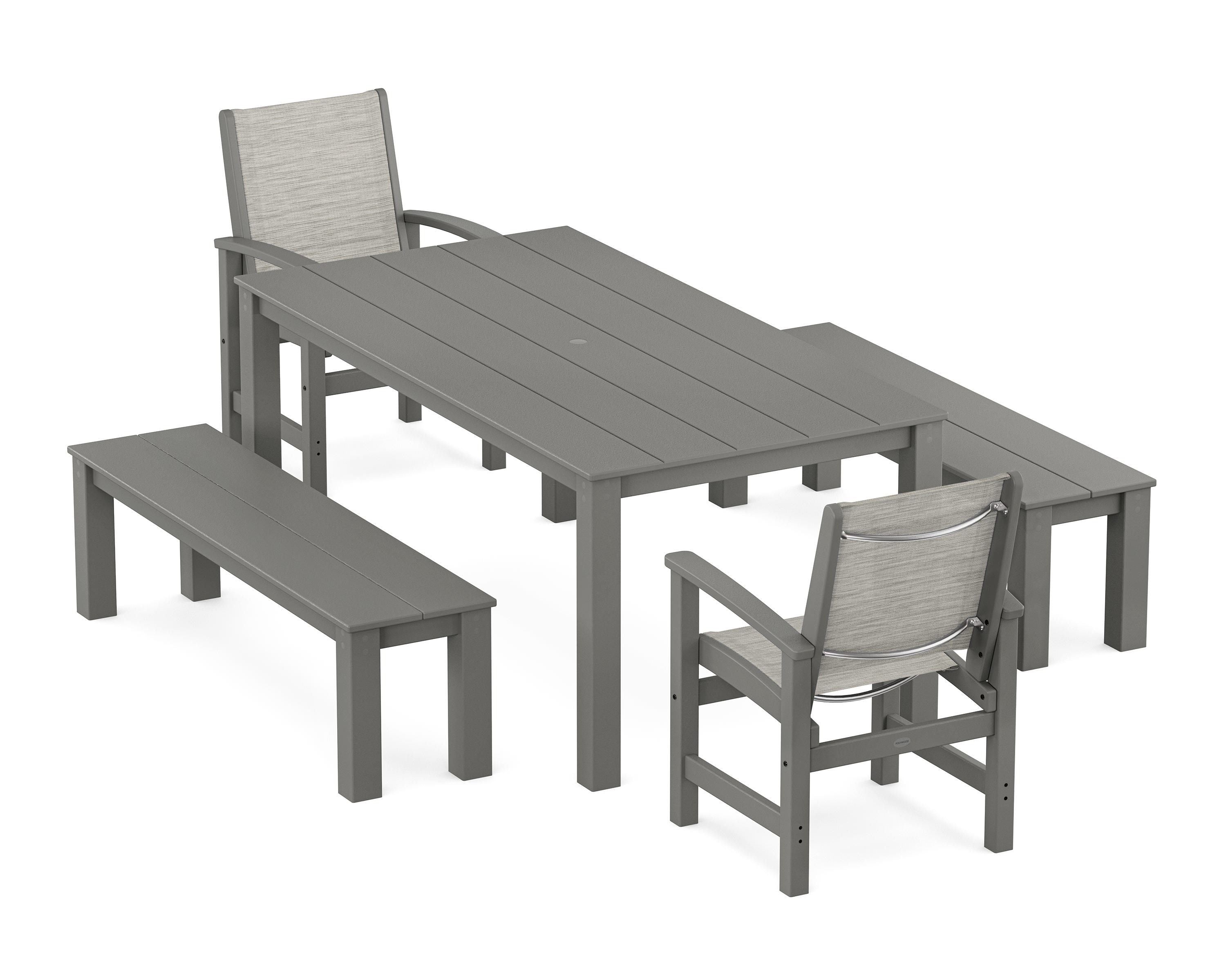 POLYWOOD® Coastal 5-Piece Parsons Dining Set with Benches in Slate Grey / Birch Sling