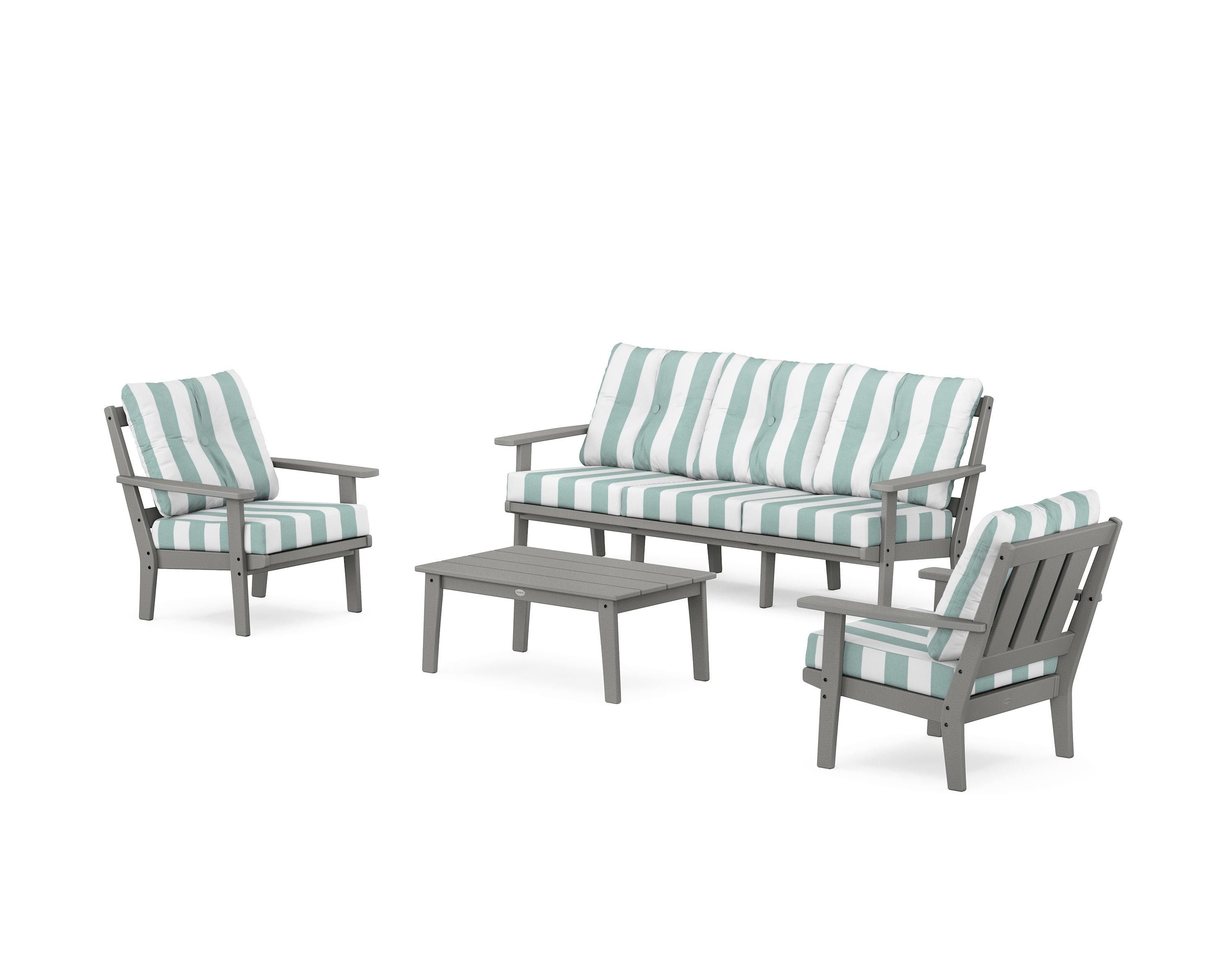 POLYWOOD® Oxford 4-Piece Deep Seating Set with Sofa in Slate Grey / Cabana Stripe Glacier Spa