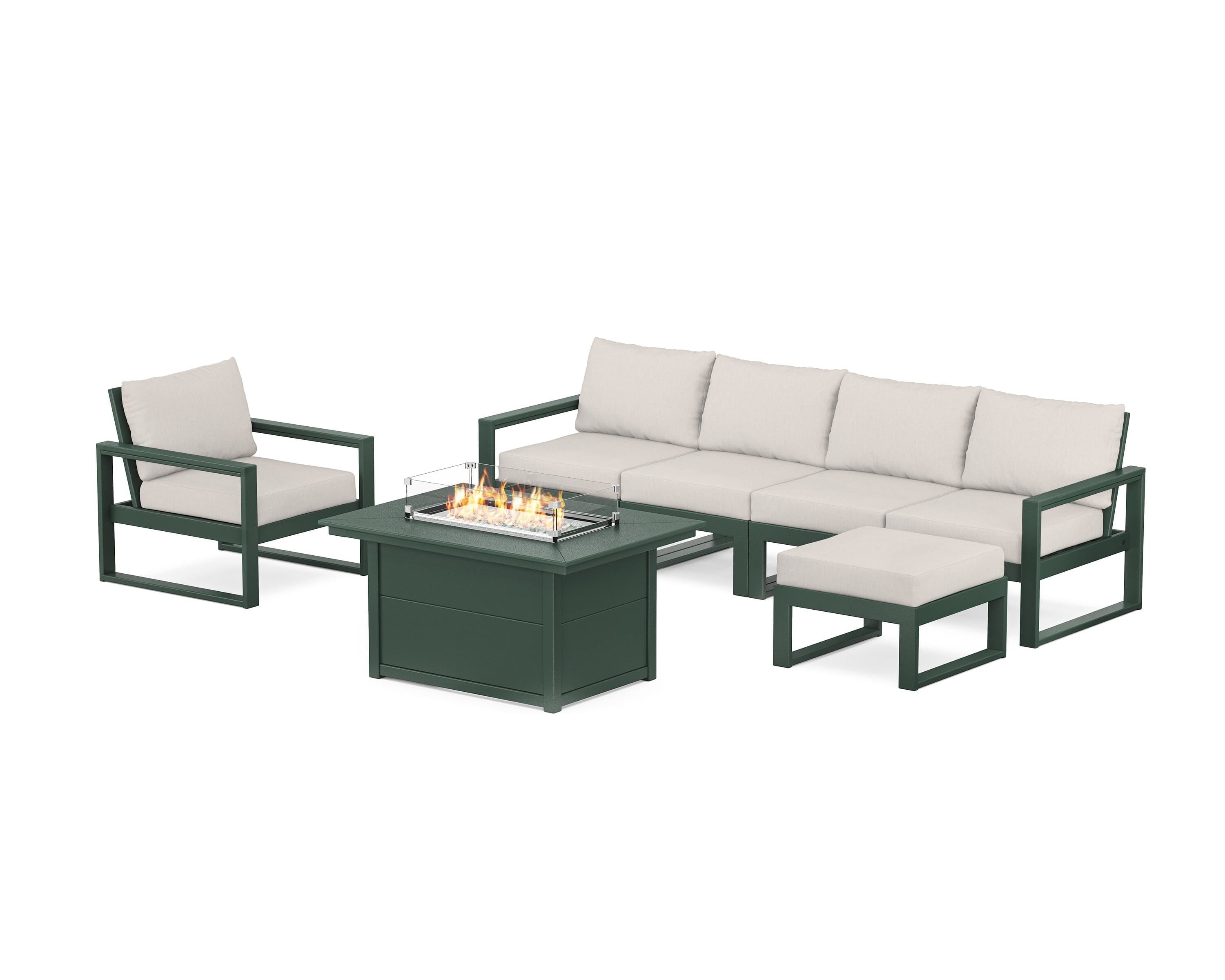 POLYWOOD® EDGE Sectional Lounge and Fire Pit Set in Green / Cast Ash