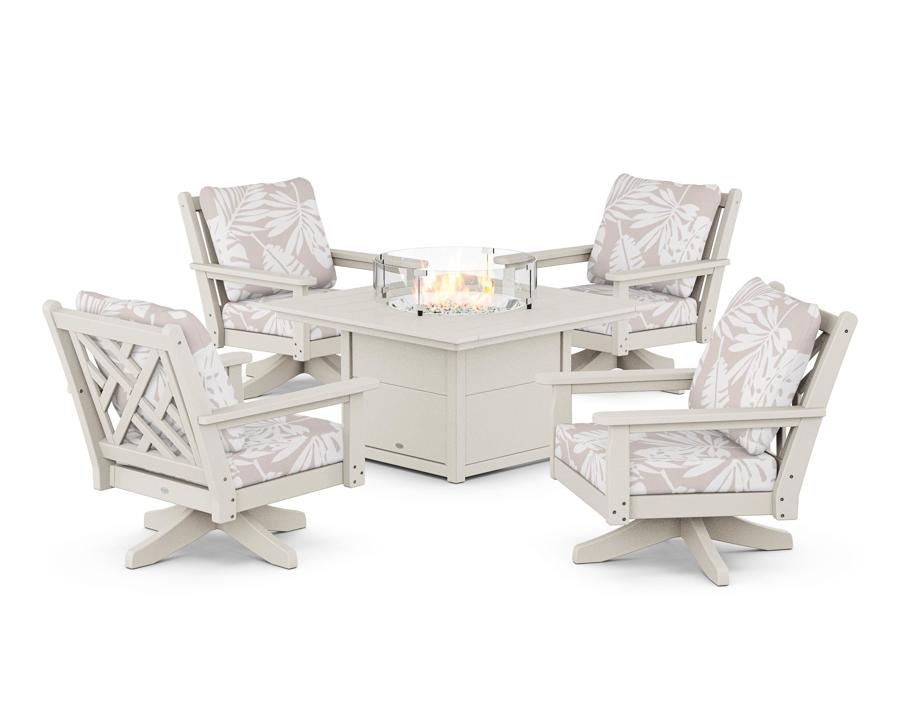 POLYWOOD® Chippendale 5-Piece Deep Seating Swivel Conversation Set with Fire Pit Table in Sand / Leaf Dune Burlap