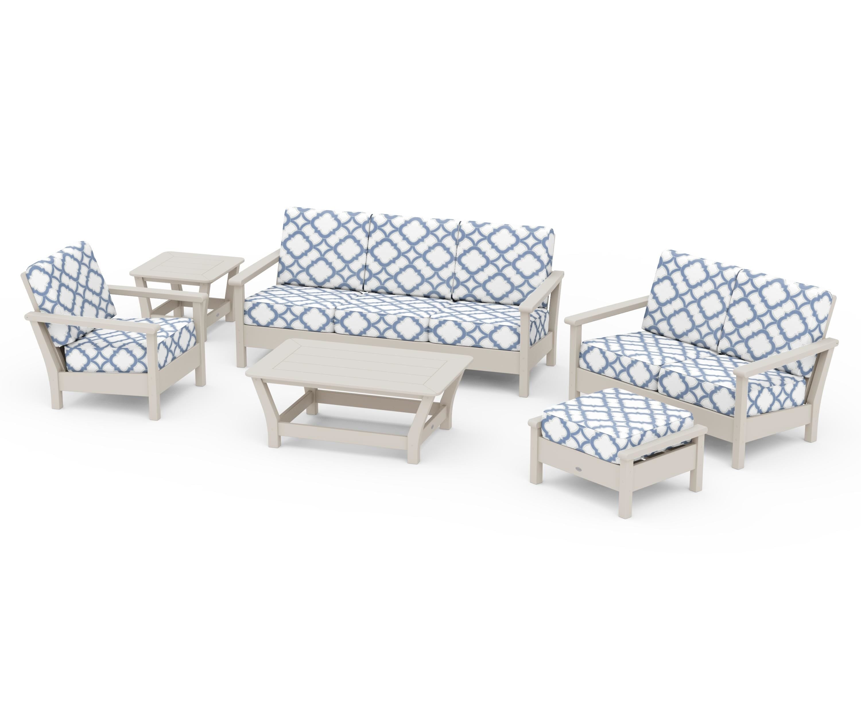 POLYWOOD® Harbour 6-Piece Outdoor Living Set in Sand / Trellis Sky Blue