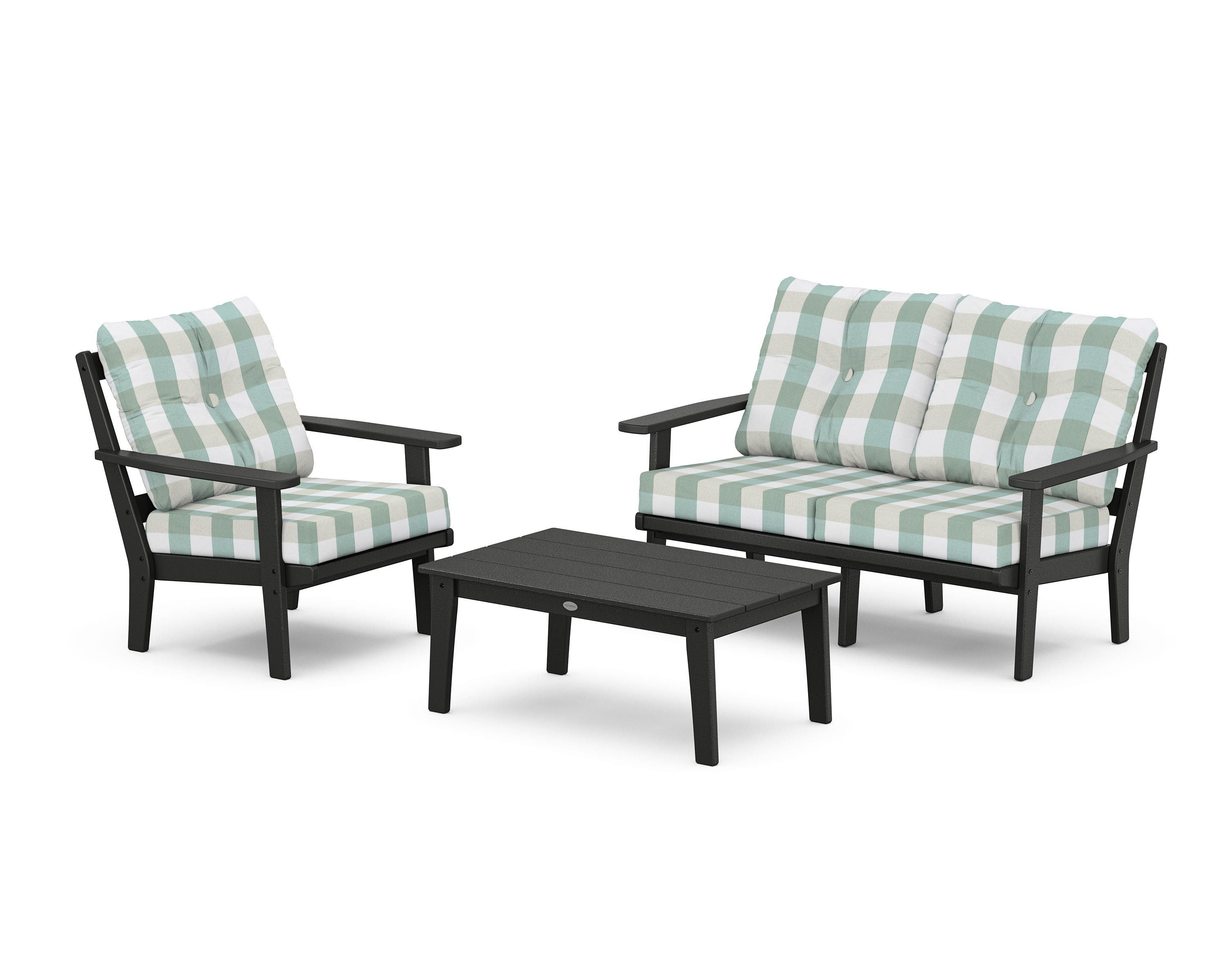 POLYWOOD® Prairie 3-Piece Deep Seating Set with Loveseat in Black / Buffalo Plaid Glacier Spa