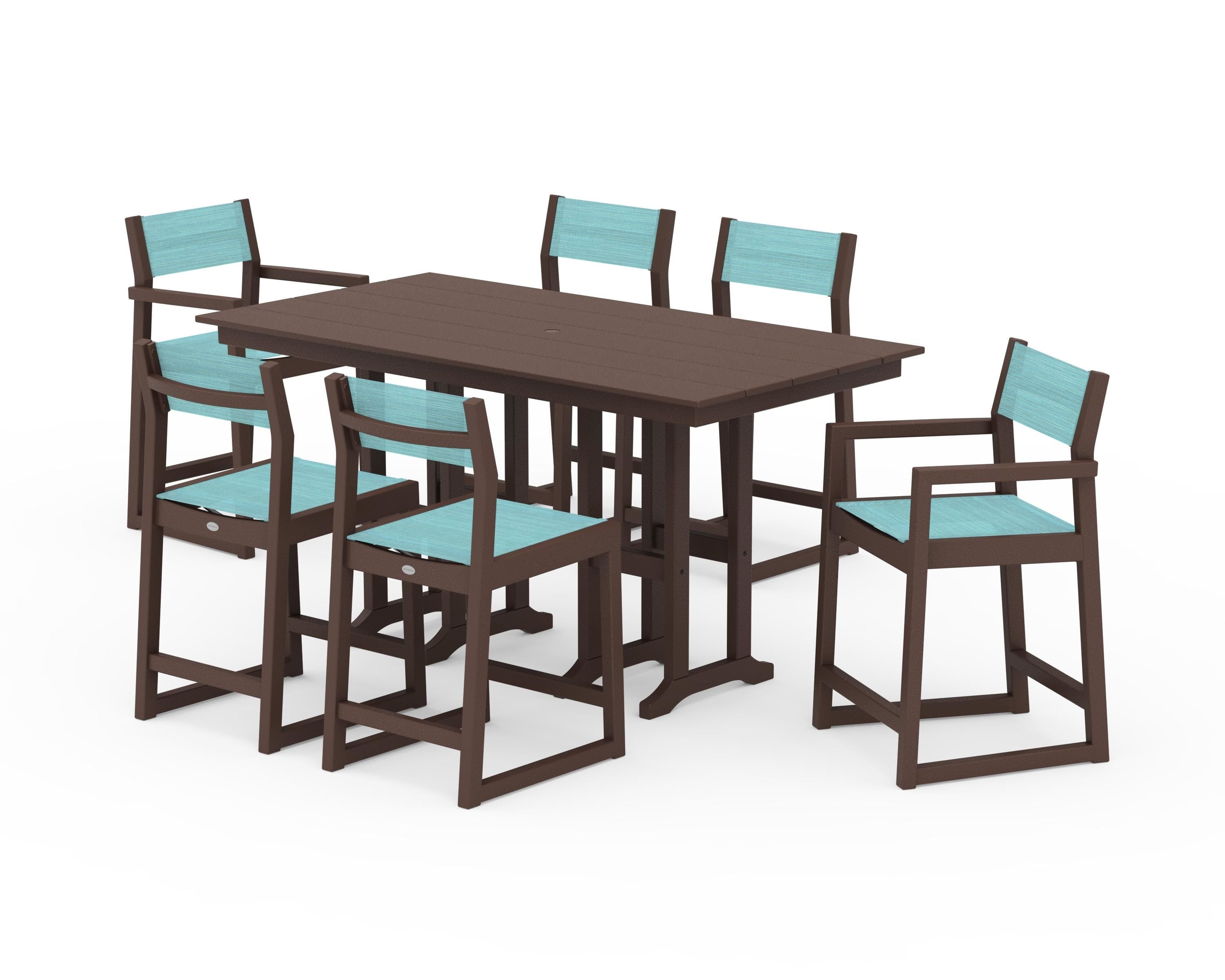 POLYWOOD® EDGE Sling 7-Piece Farmhouse Counter Set in Mahogany / Dupioni Aquamarine Sling