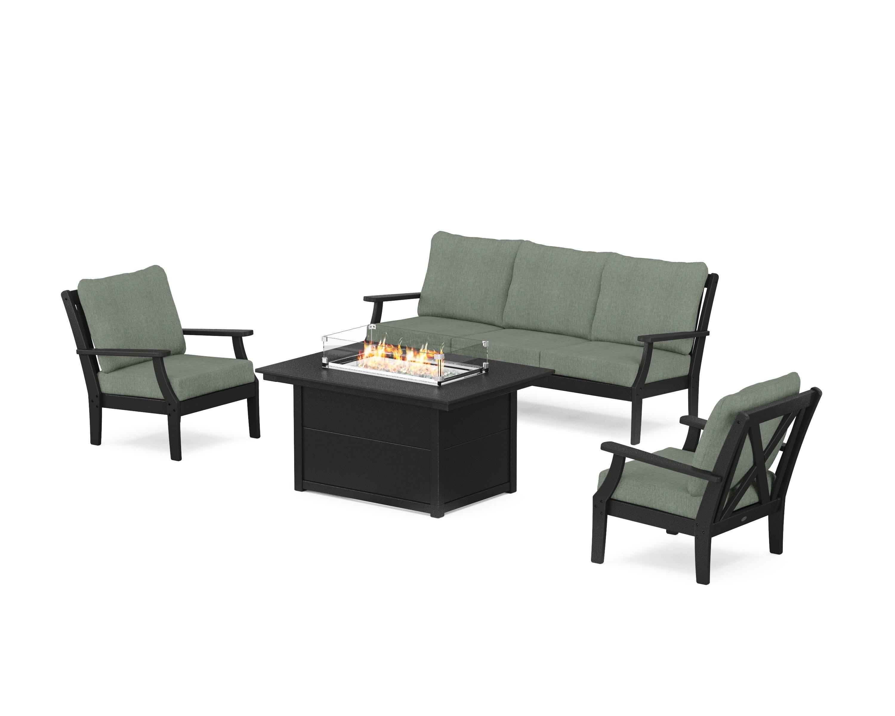 POLYWOOD® Braxton Deep Seating Fire Pit Table Set in Black / Cast Sage