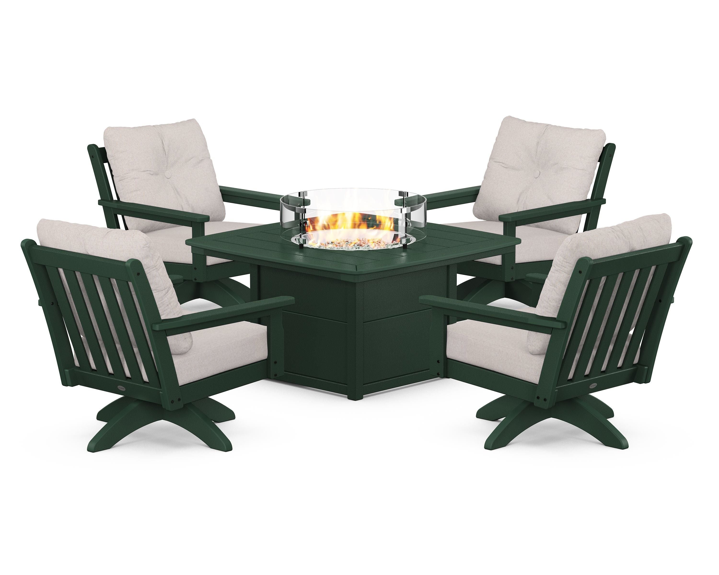 POLYWOOD® Vineyard 5-Piece Deep Seating Swivel Conversation Set with Fire Pit Table in Green / Dune Burlap