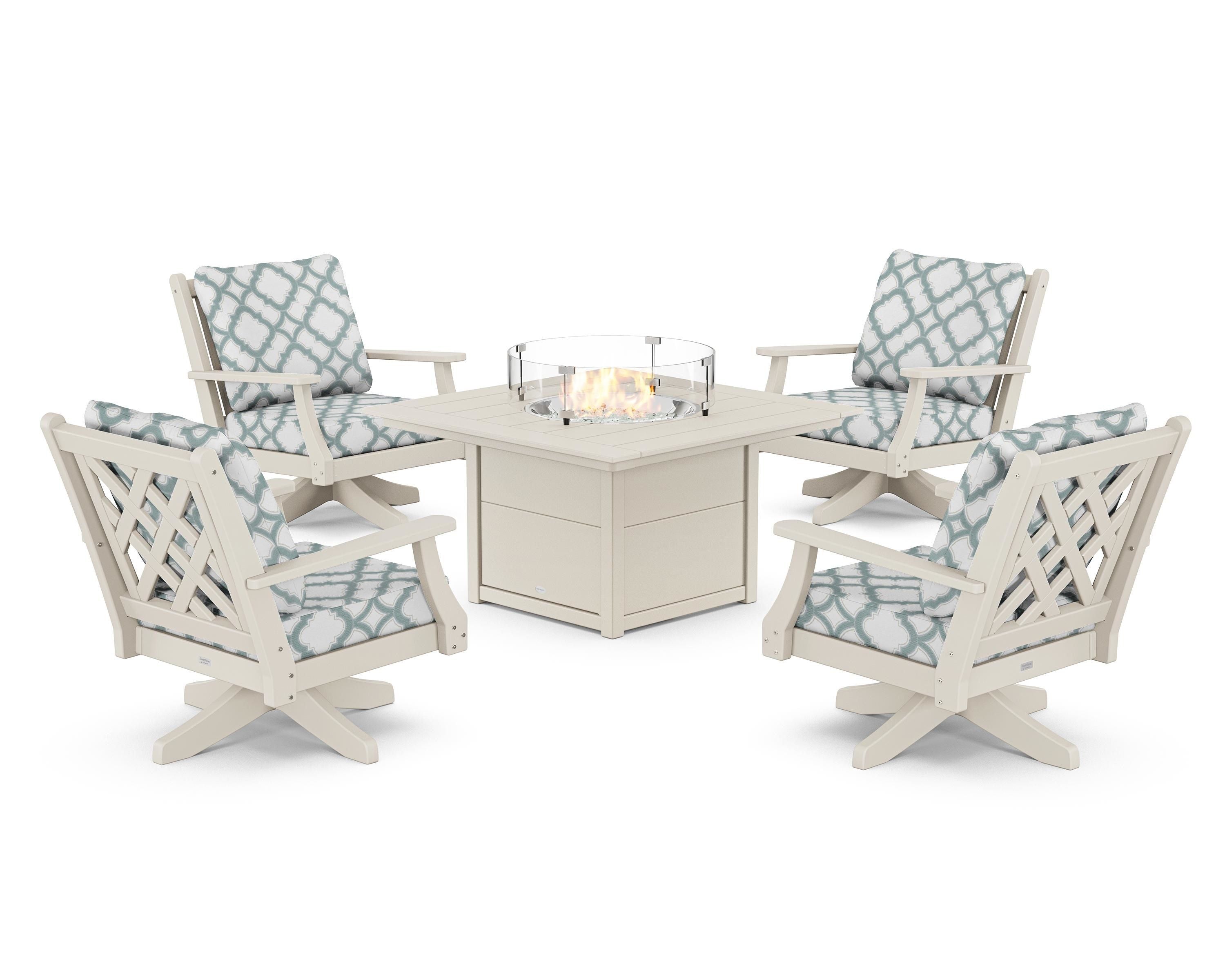 Country Living Wovendale 5-Piece Deep Seating Swivel Conversation Set with Fire Pit Table in Sand / Trellis Glacier Spa