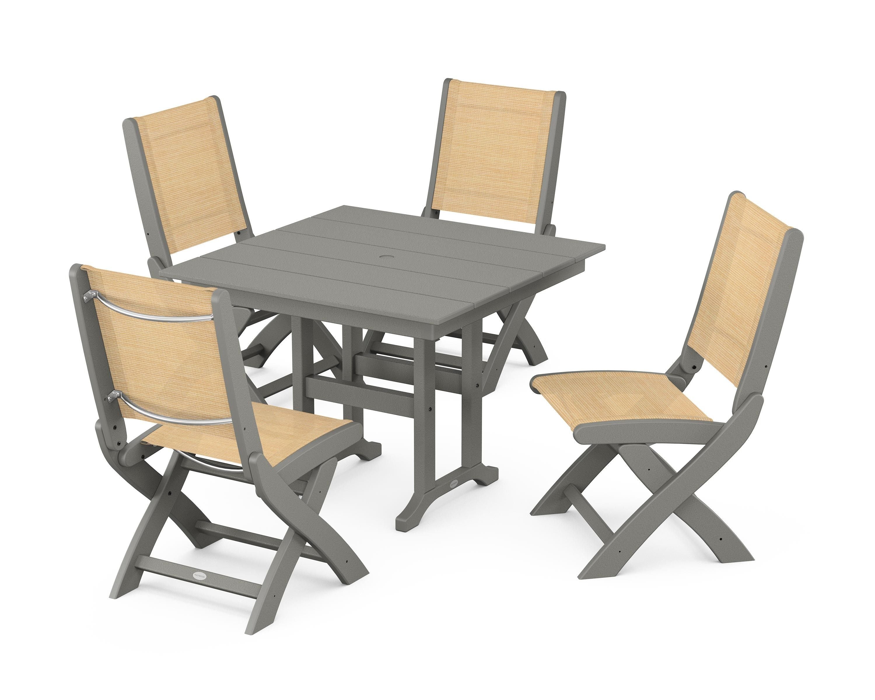 POLYWOOD® Coastal Folding Side Chair 5-Piece Farmhouse Dining Set in Slate Grey / Dupioni Apricot Sling