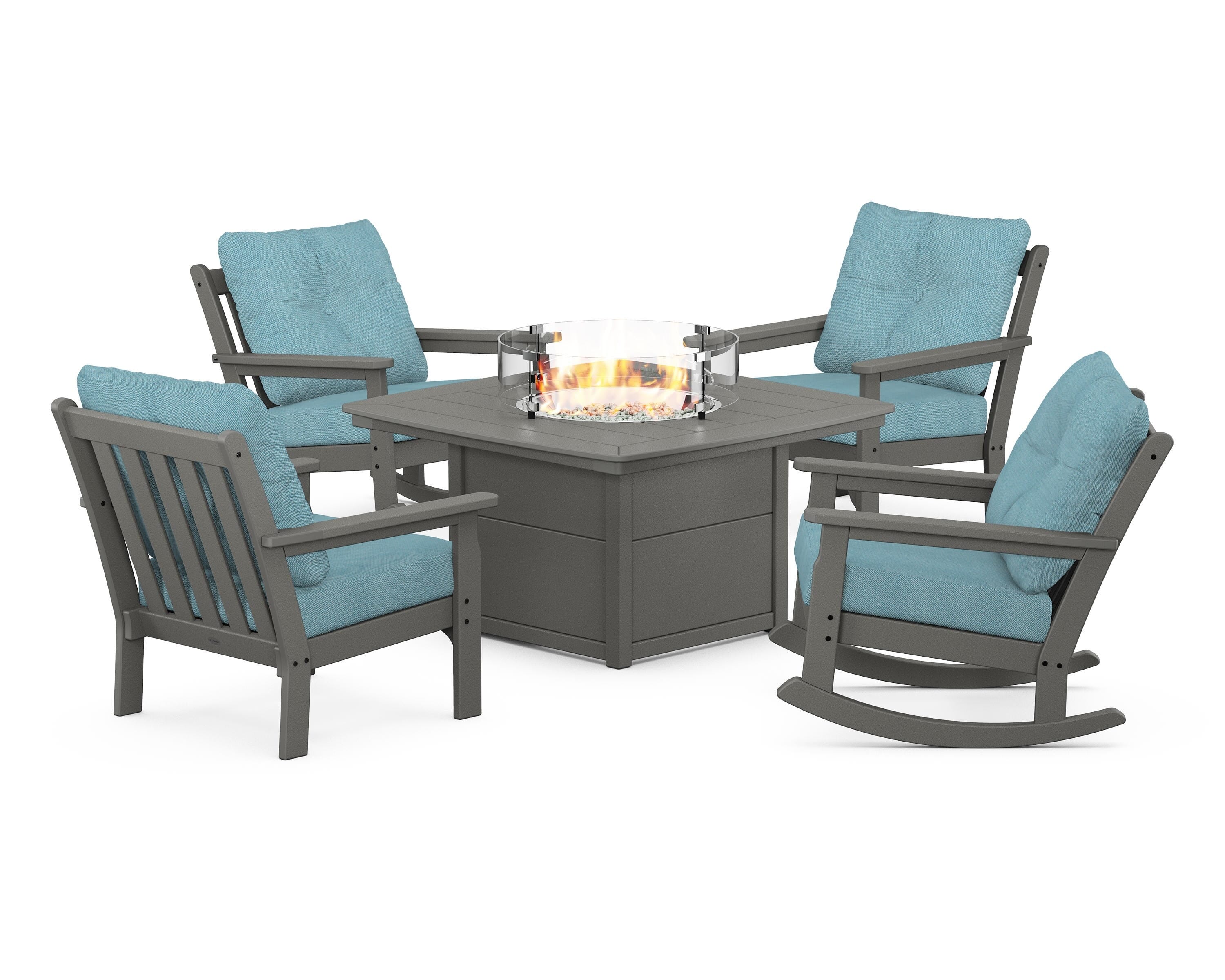 POLYWOOD® Vineyard 5-Piece Deep Seating Rocking Chair Conversation Set with Fire Pit Table in Slate Grey / Lattice Sky Blue