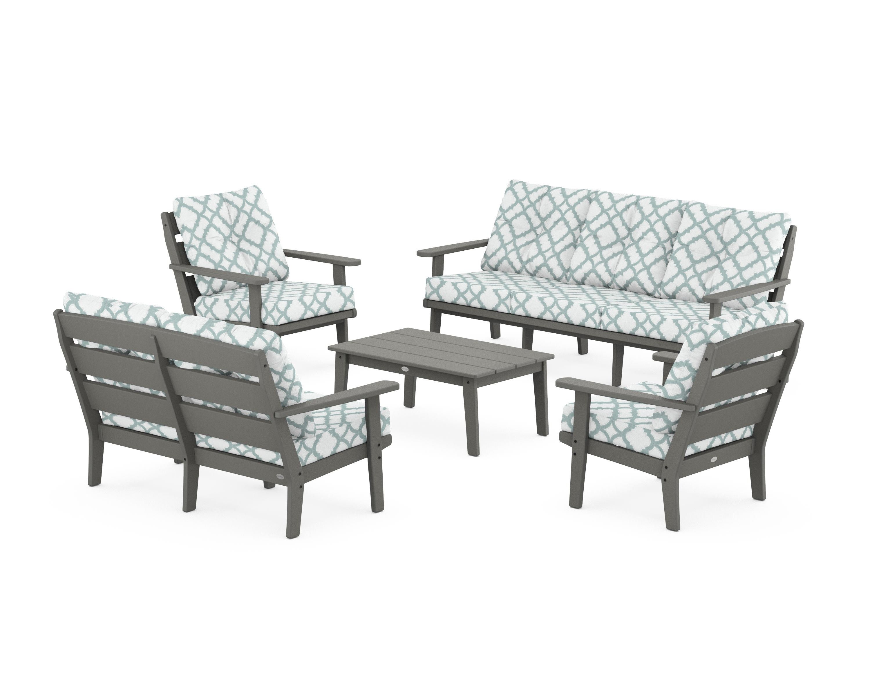 POLYWOOD® Lakeside 5-Piece Lounge Sofa Set in Slate Grey / Trellis Glacier Spa