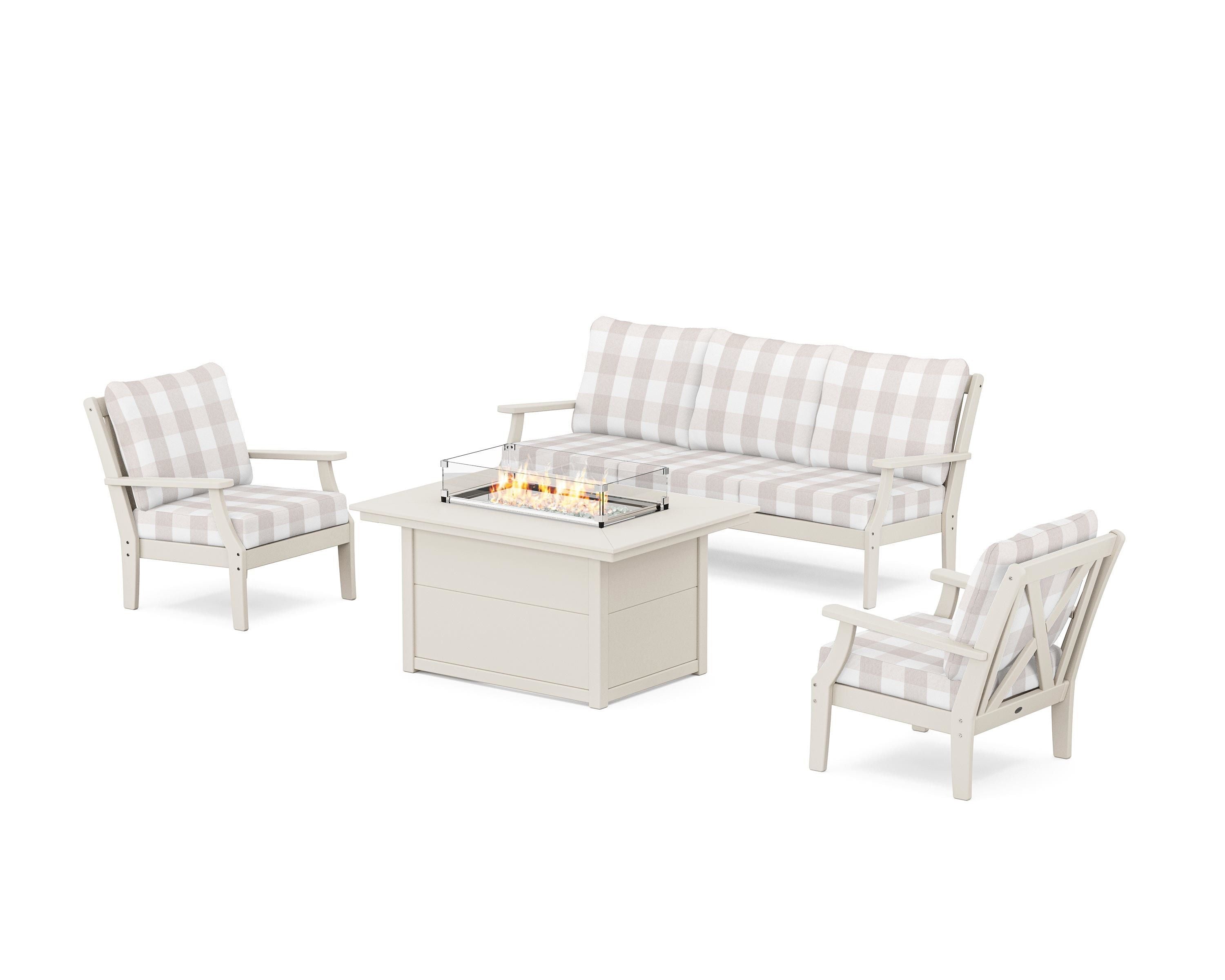 POLYWOOD® Braxton Deep Seating Fire Pit Table Set in Sand / Buffalo Plaid Dune Burlap
