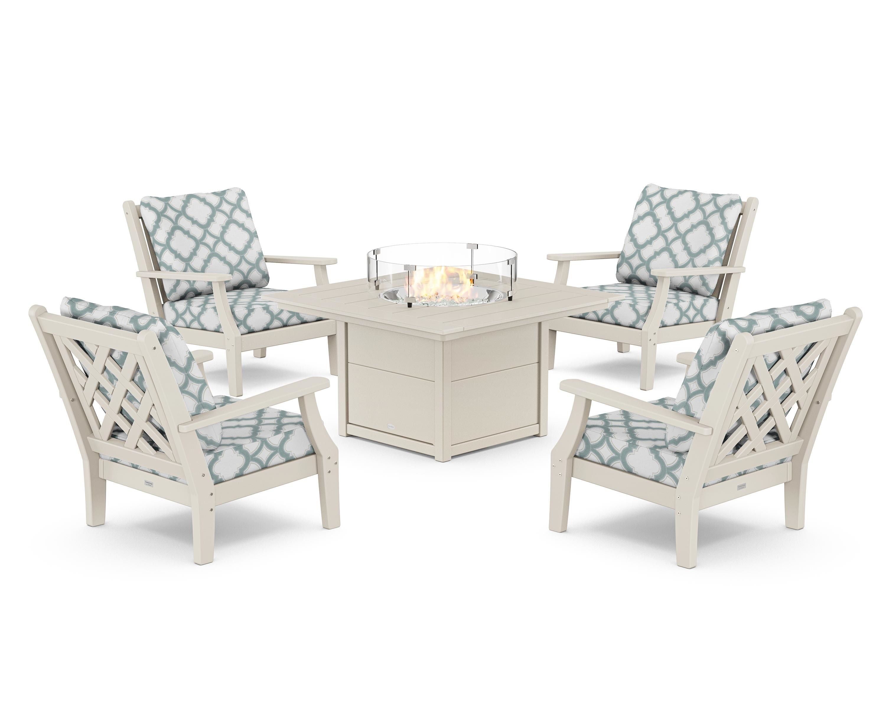 Country Living Wovendale 5-Piece Deep Seating Set with Fire Pit Table in Sand / Trellis Glacier Spa