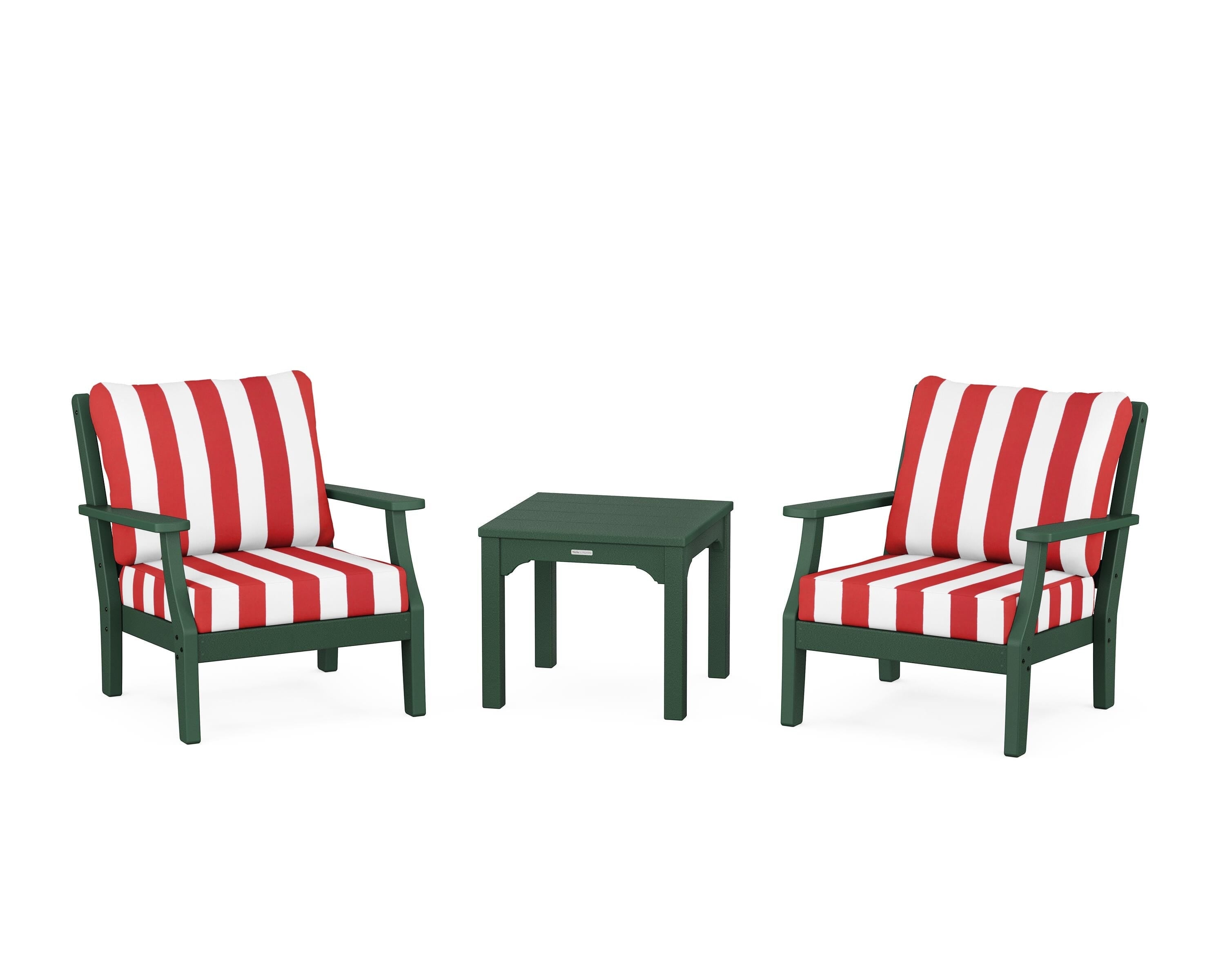 Martha Stewart by POLYWOOD® Chinoiserie 3-Piece Deep Seating Set in Green / Cabana Stripe Crimson