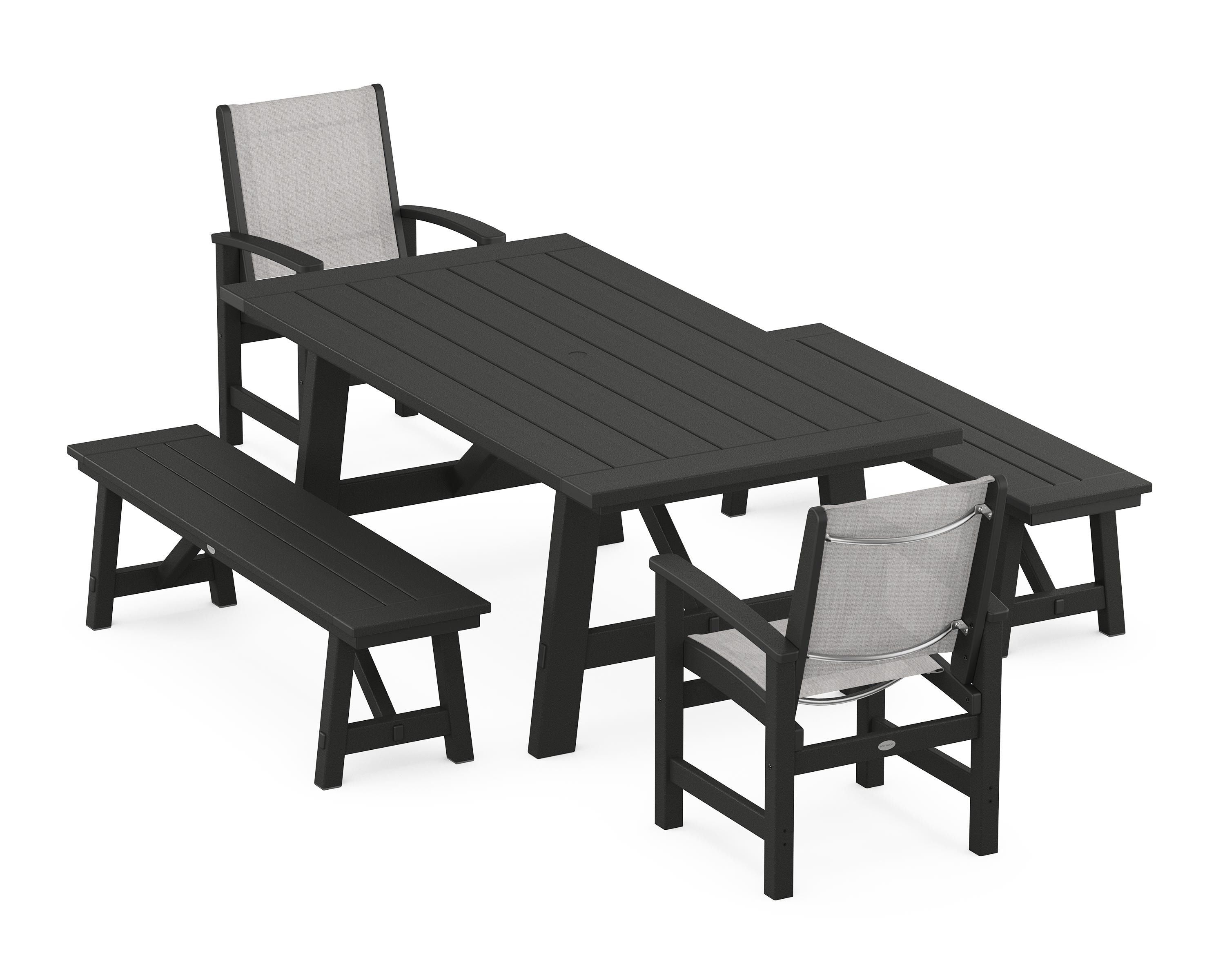 POLYWOOD® Coastal 5-Piece Rustic Farmhouse Dining Set With Benches in Black / Parchment Sling