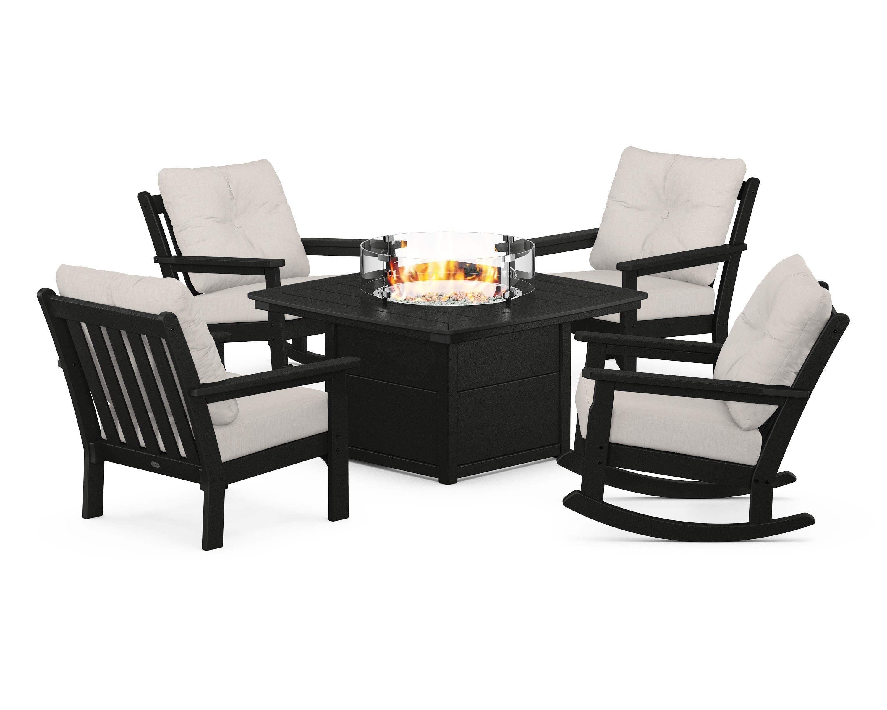 POLYWOOD® Vineyard 5-Piece Deep Seating Rocking Chair Conversation Set with Fire Pit Table in Black / Cast Ash