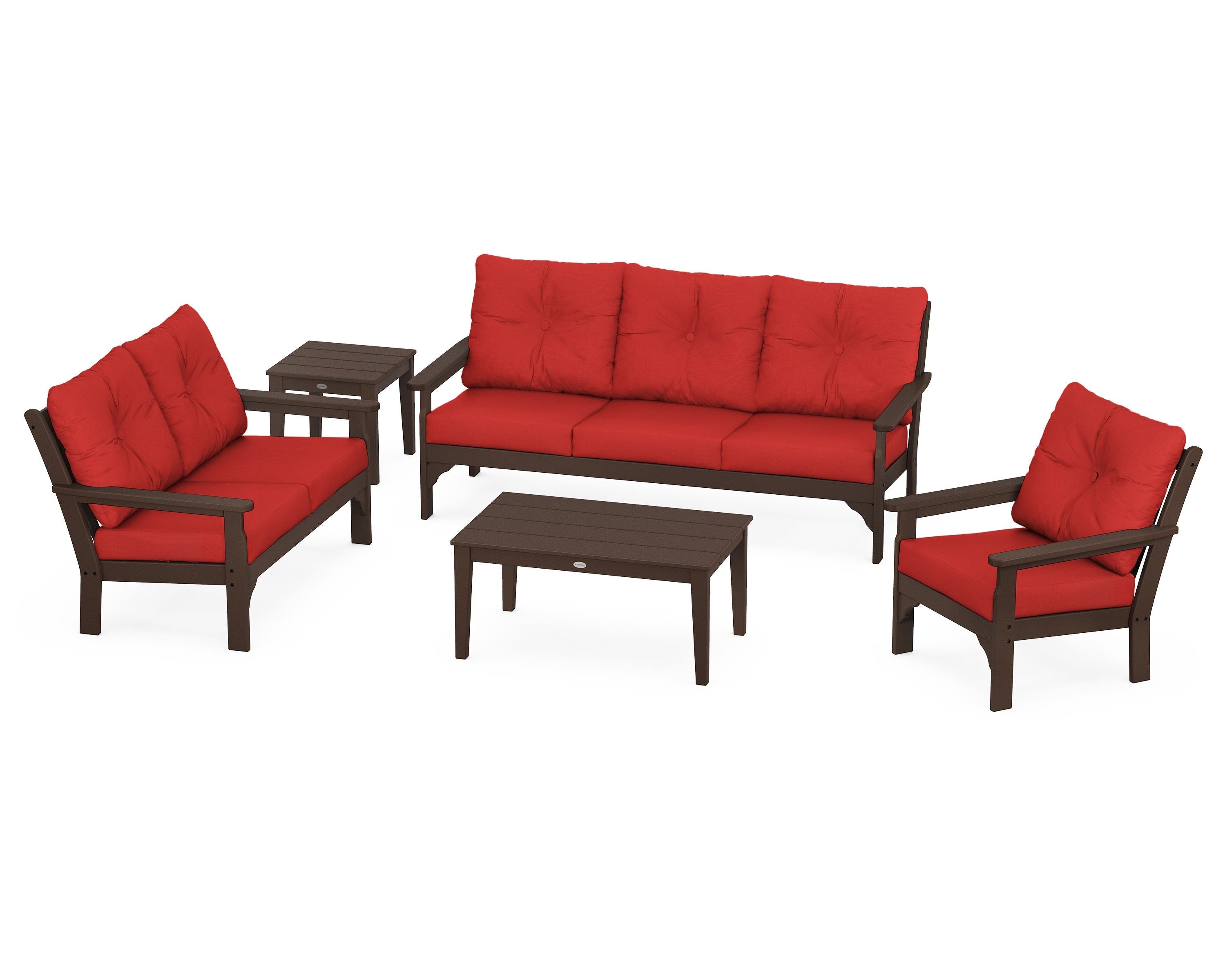 POLYWOOD® Vineyard 5 Piece Deep Seating Set in Mahogany / Crimson Linen