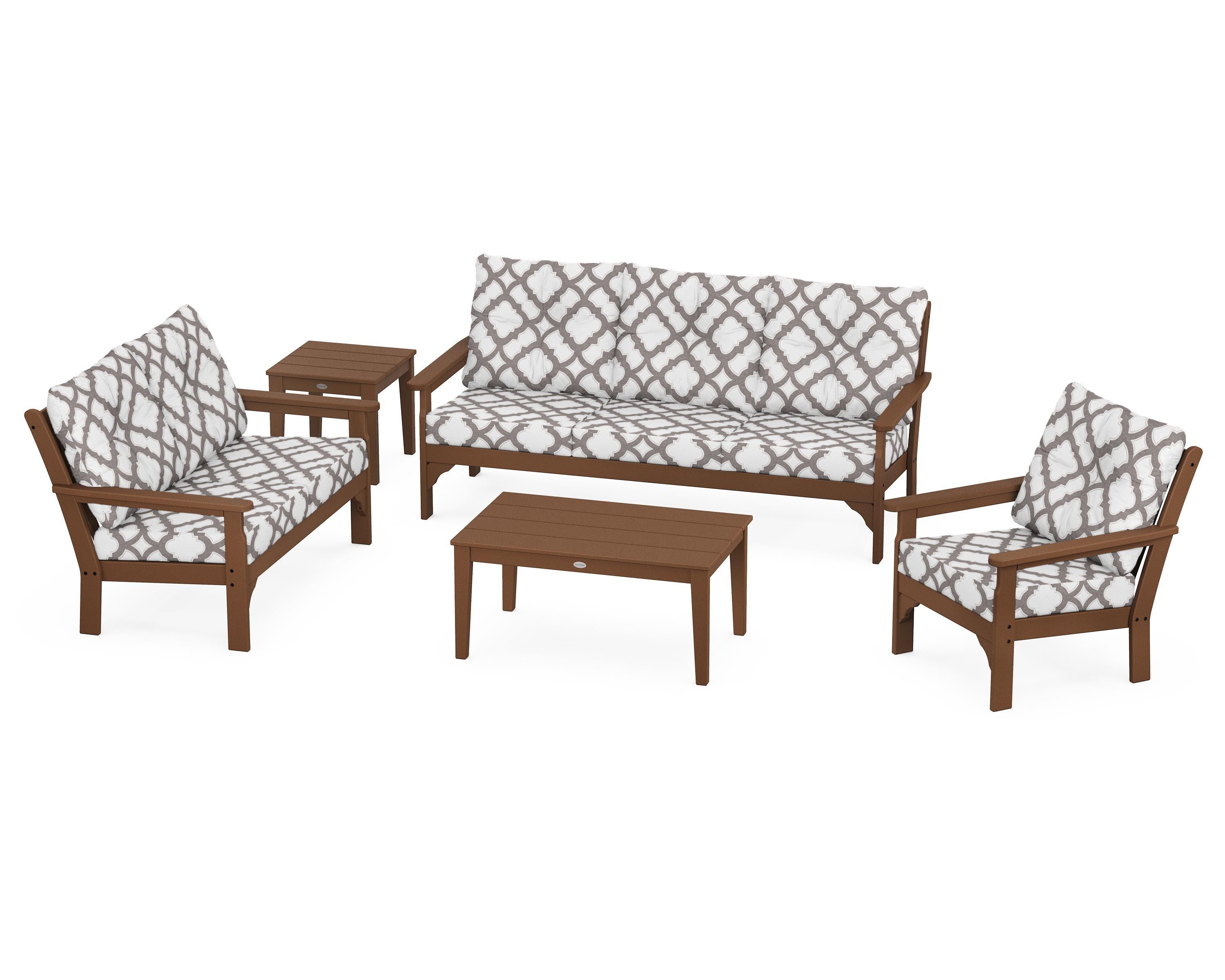 POLYWOOD® Vineyard 5 Piece Deep Seating Set in Teak / Trellis Grey Mist