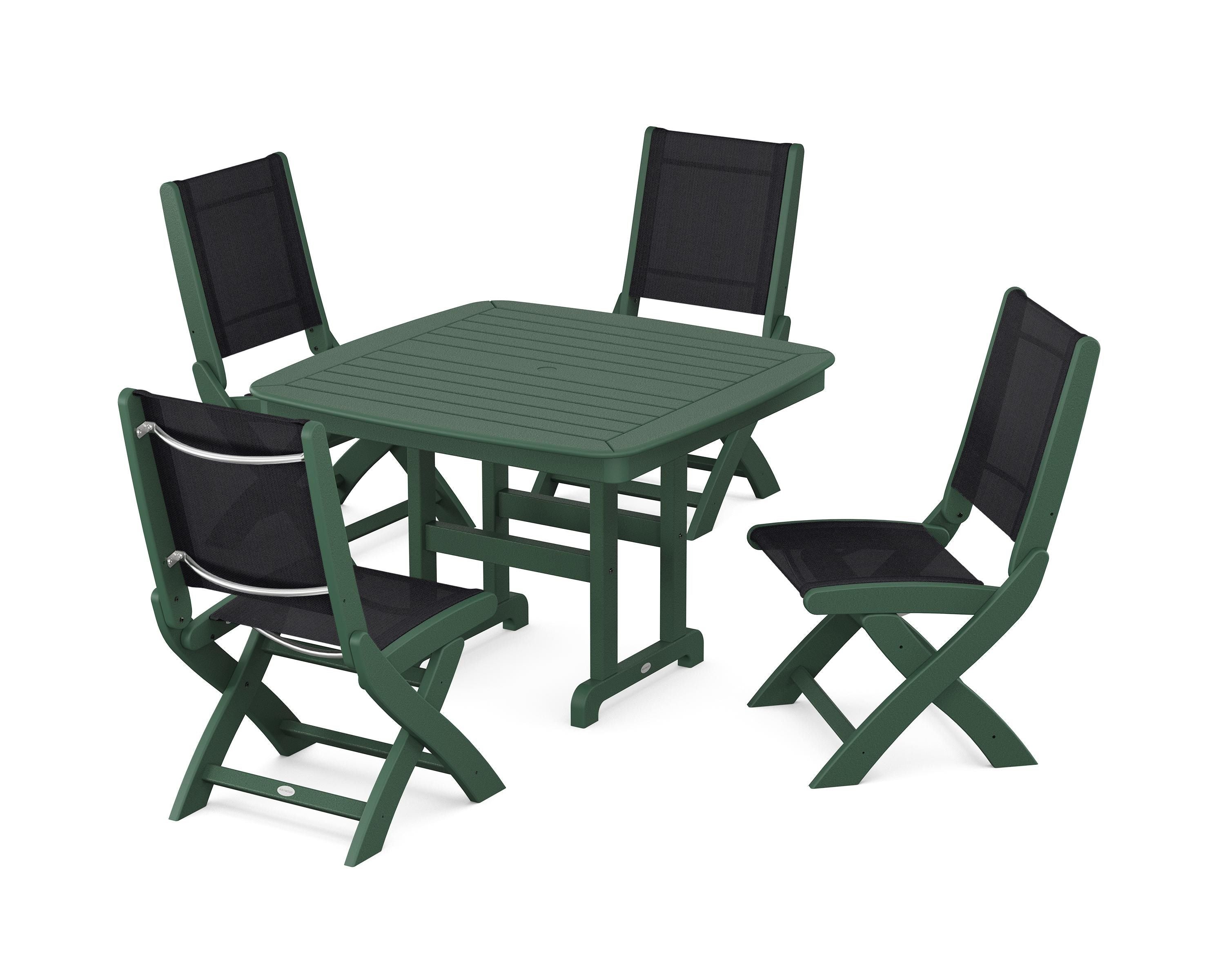 POLYWOOD® Coastal Folding Side Chair 5-Piece Dining Set in Green / Black Sling