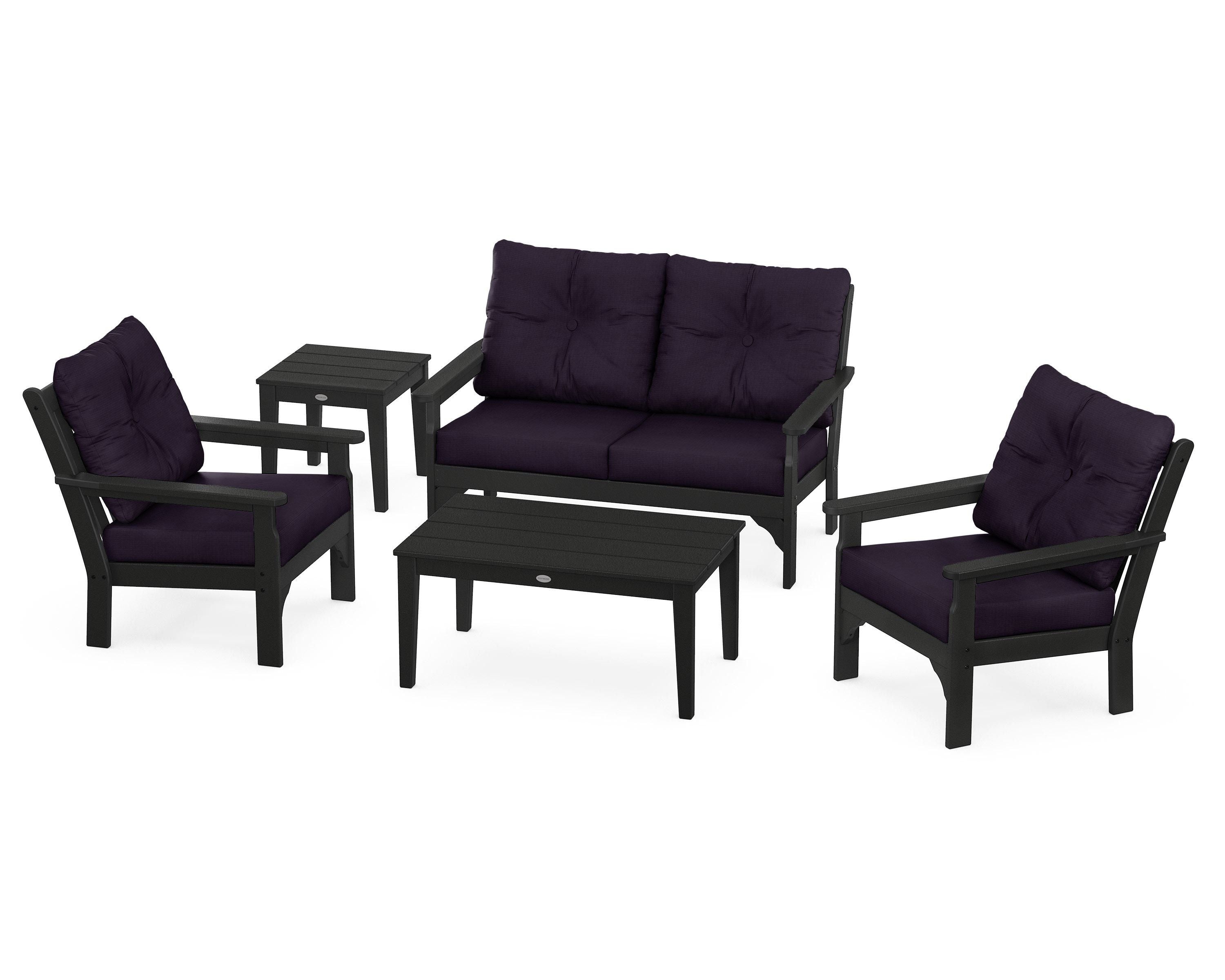 POLYWOOD® Vineyard 5-Piece Deep Seating Set in Black / Navy Linen