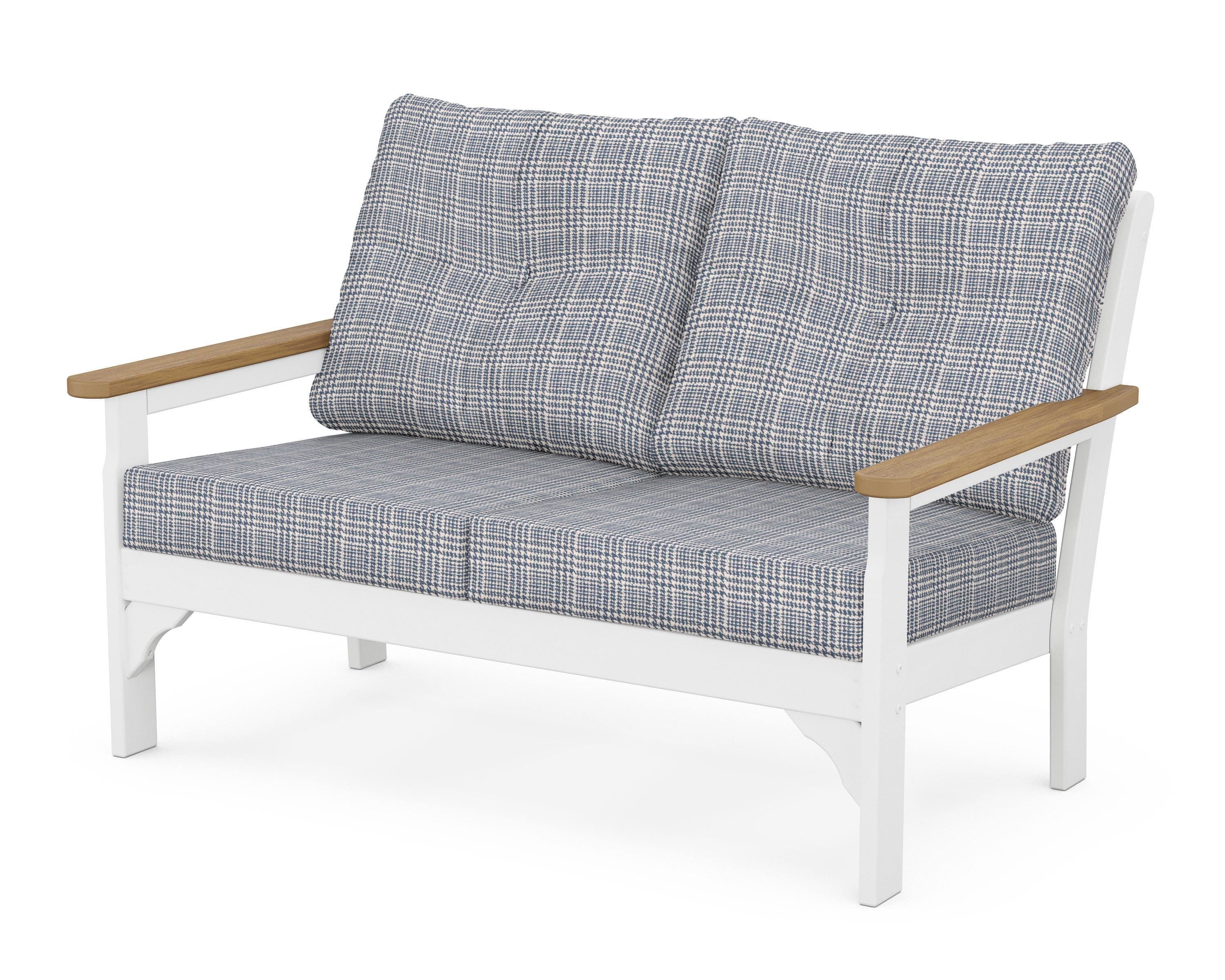 POLYWOOD® Vineyard Deep Seating Loveseat in White / Natural / Houndstooth Sky Blue