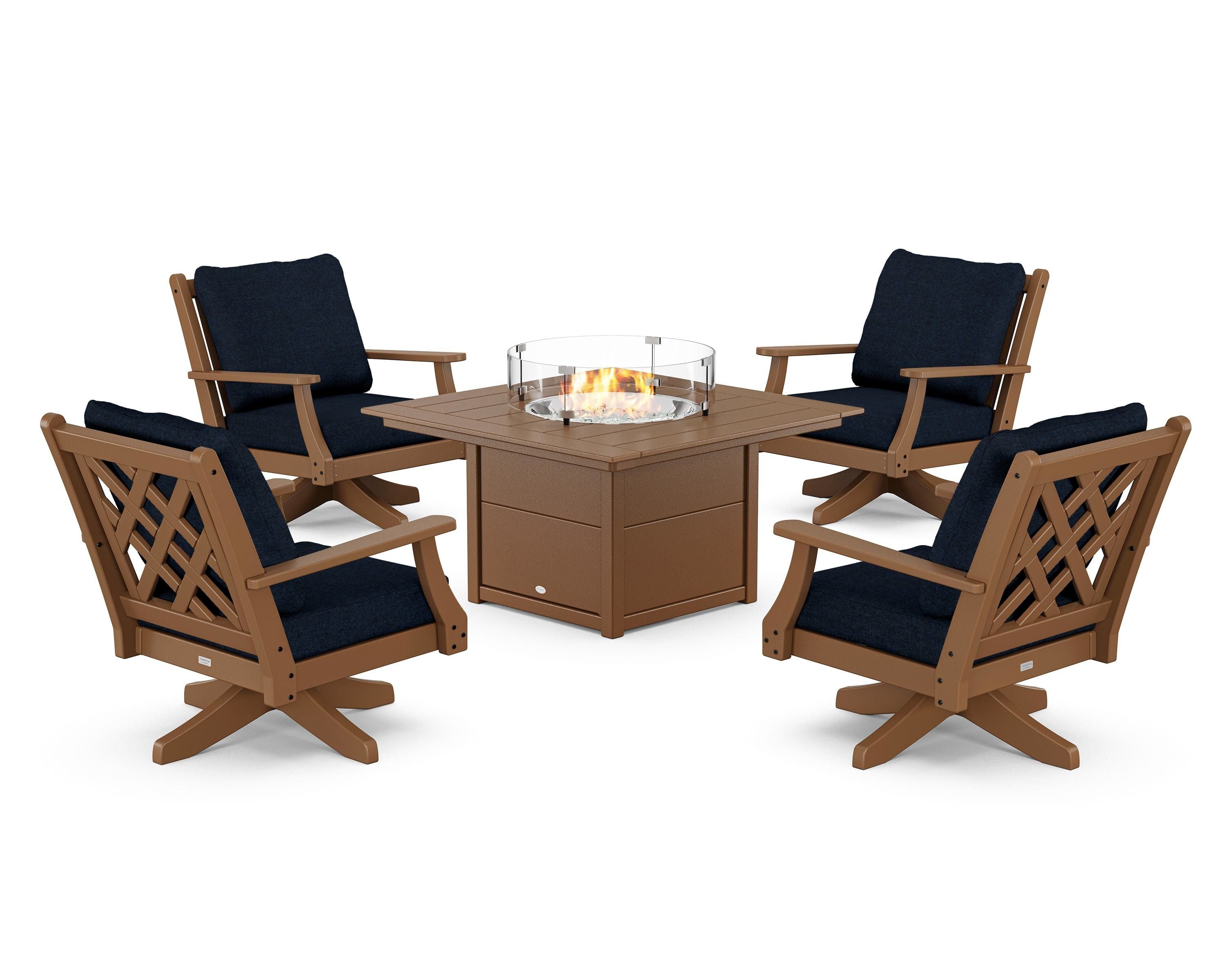 Country Living Wovendale 5-Piece Deep Seating Swivel Conversation Set with Fire Pit Table in Teak / Marine Indigo
