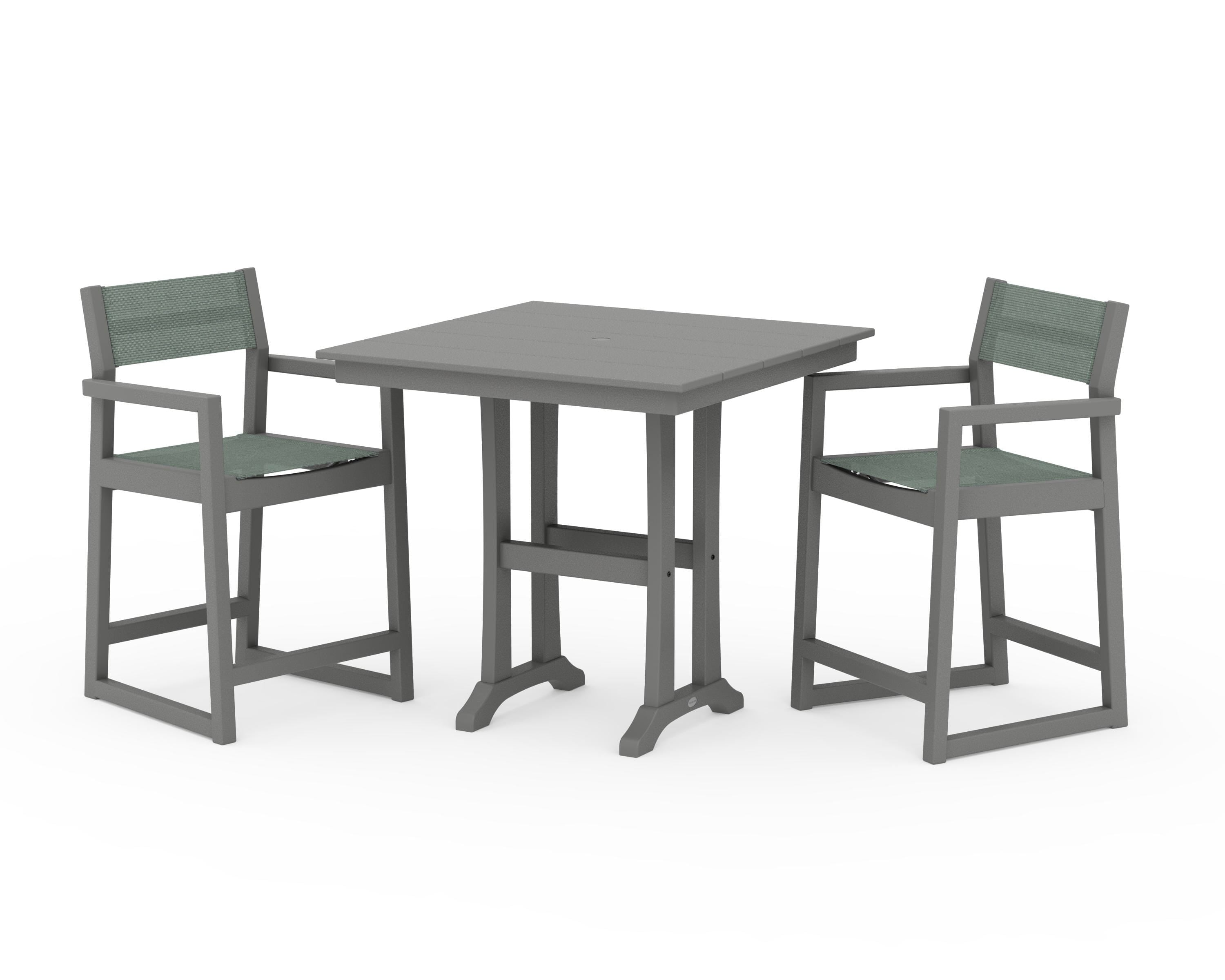 POLYWOOD® EDGE Sling Arm Chair 3-Piece Farmhouse Counter Set with Trestle Legs in Slate Grey / Dupioni Sea Mist Sling