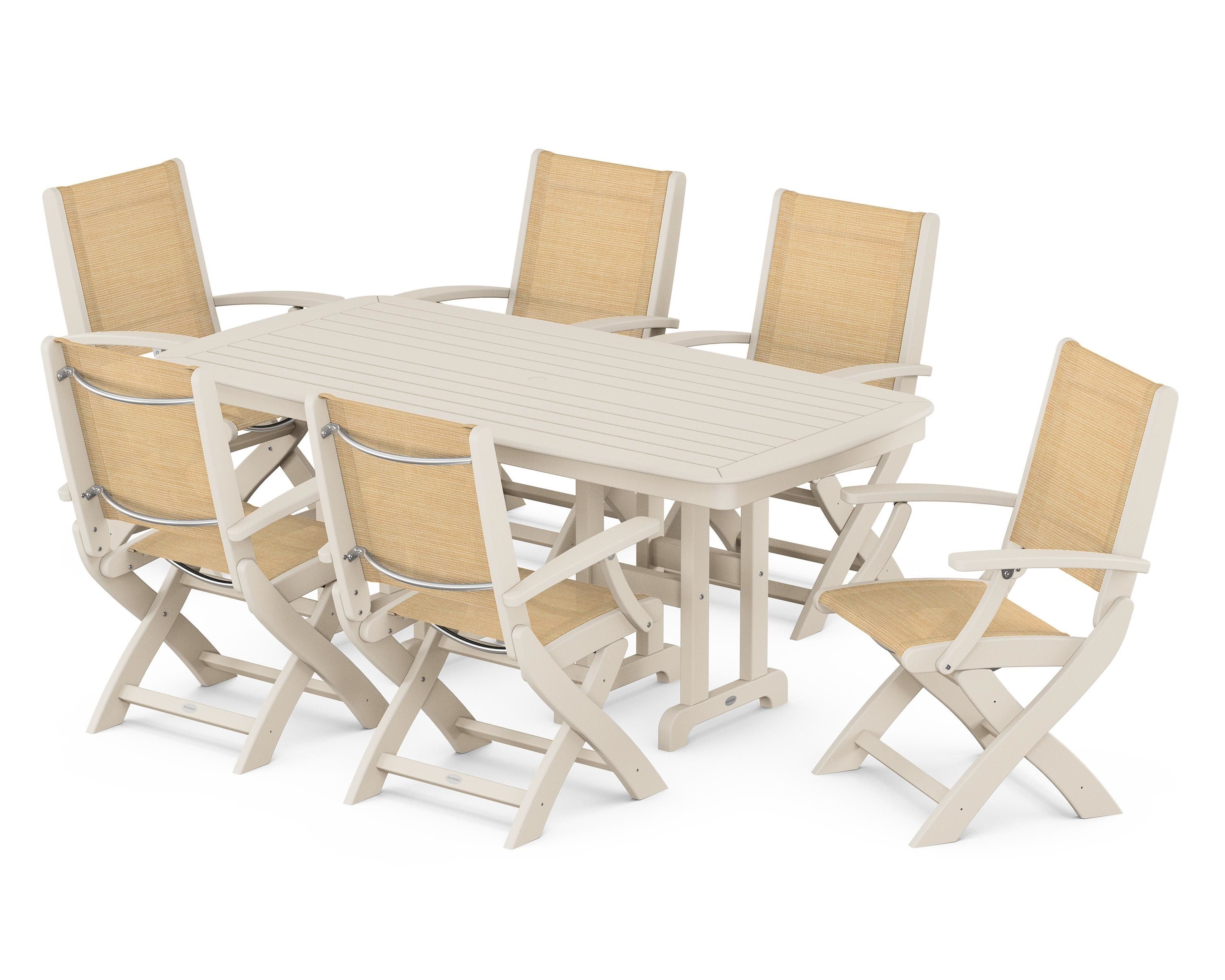 POLYWOOD® Coastal Folding Arm Chair 7-Piece Dining Set in Sand / Dupioni Apricot Sling