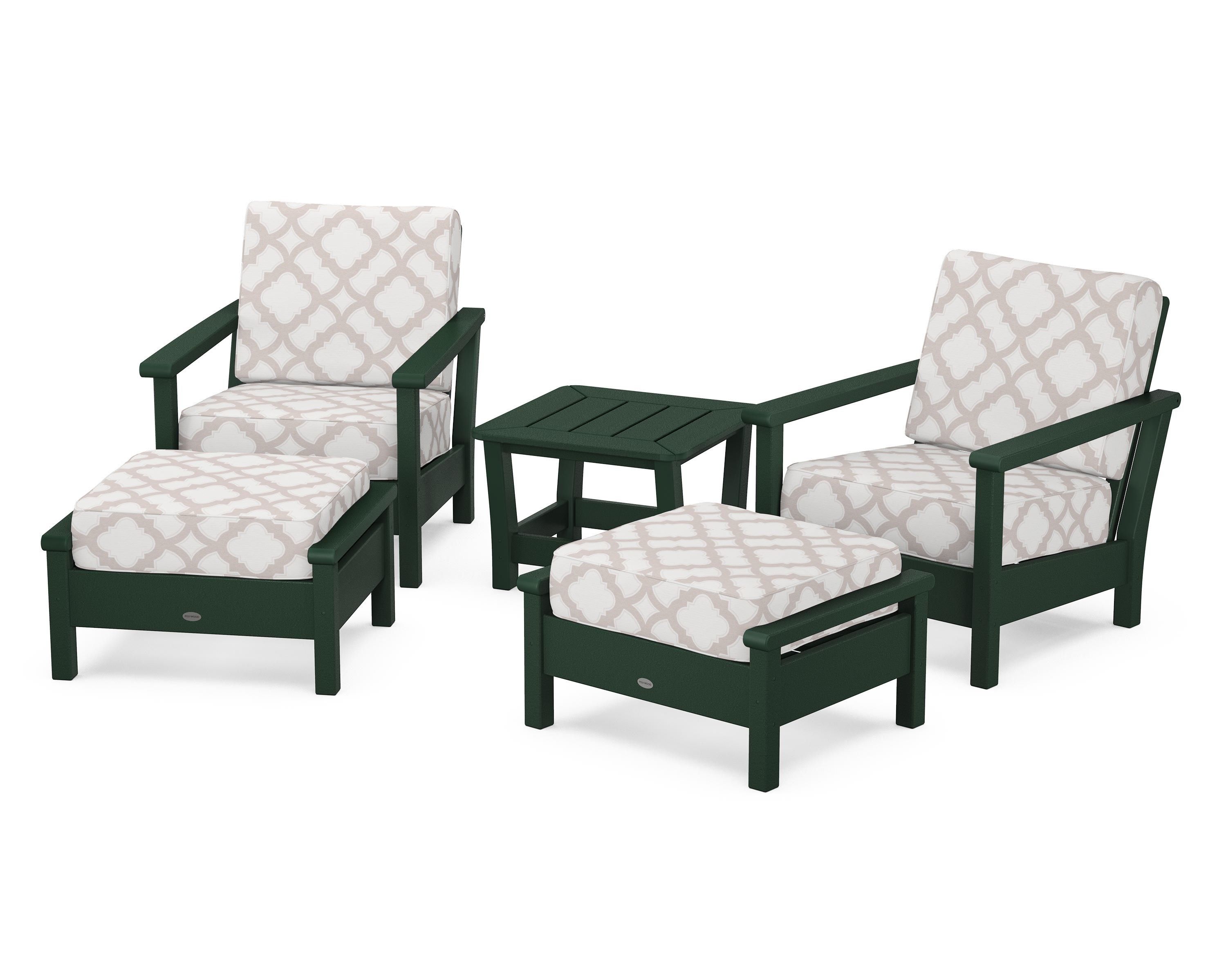 POLYWOOD® Harbour 5-Piece Deep Seating Chair Set in Green / Trellis Dune Burlap