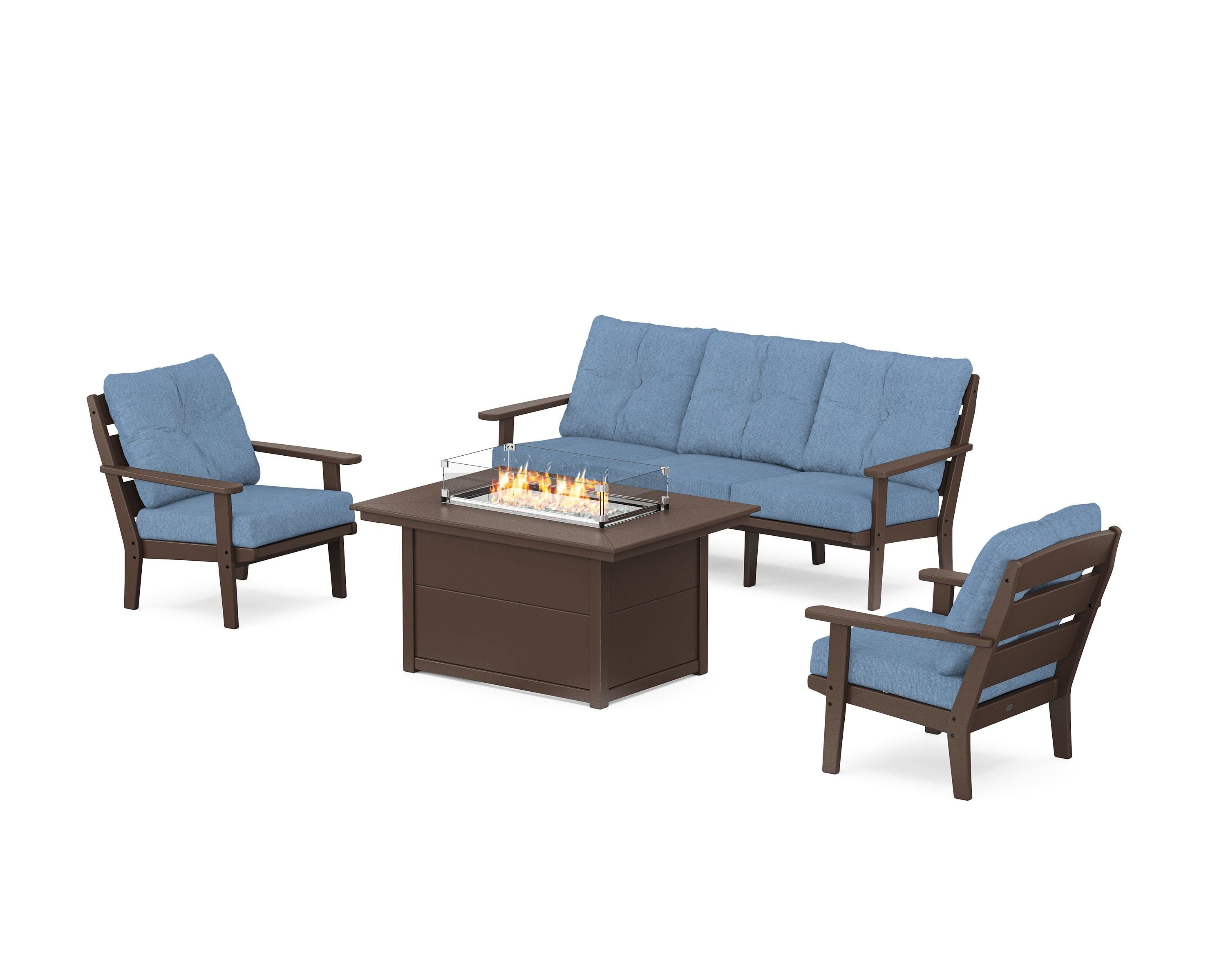 POLYWOOD® Lakeside Deep Seating Fire Pit Table Set in Mahogany / Sky Blue
